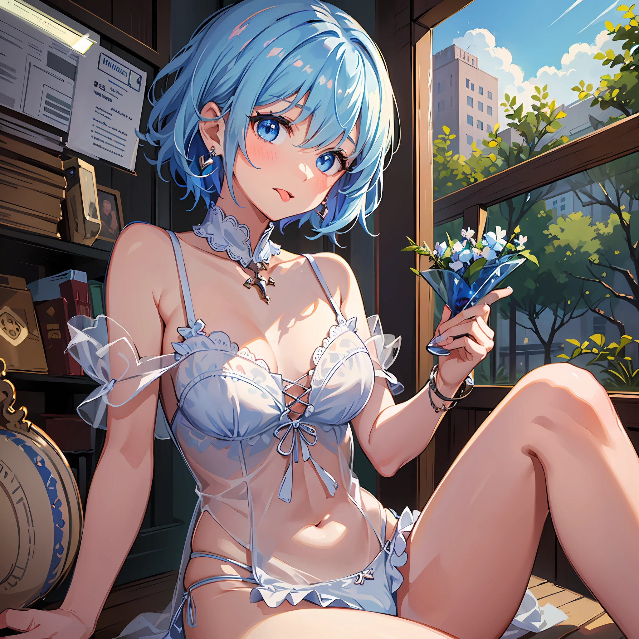 (((Masterpiece)))), (Best Quality))), Hi-Res, Focus on the buttocks, Above the thighs, Sitting, Facing back, ((Cute One Girl))), Solo, , White skin, Small breasts, Octocrad, (Light blue hair), ((Short hair)), (Straight bangs)), Beautiful hair, Blue eyes, Beautiful detail eyes, ((sticking out tongue)), blush, Wink, heart, summer clothes, earrings, indoors, café, noon, shadow lighting,
