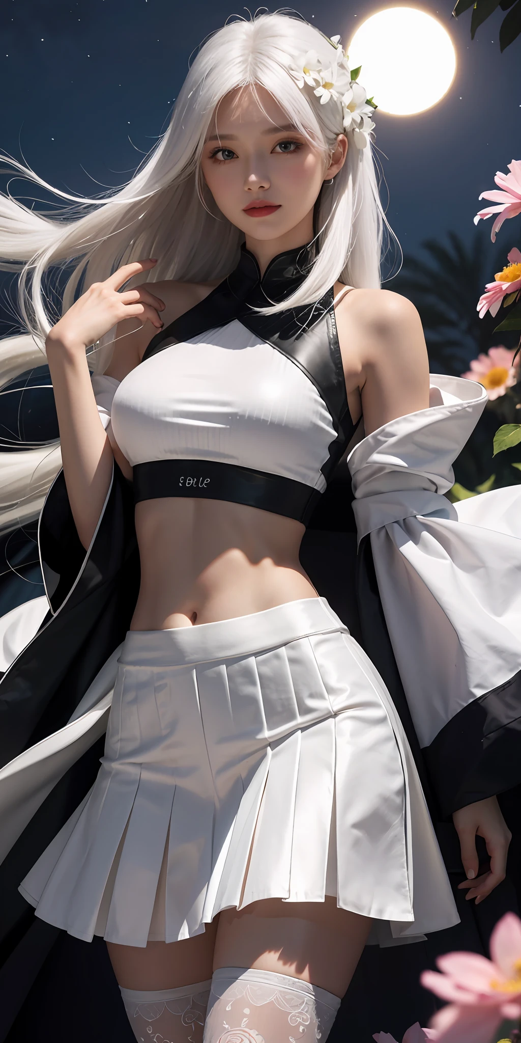 Beautiful woman, long white hair, crop top, skirt, night, flowers, sun, sunlight,