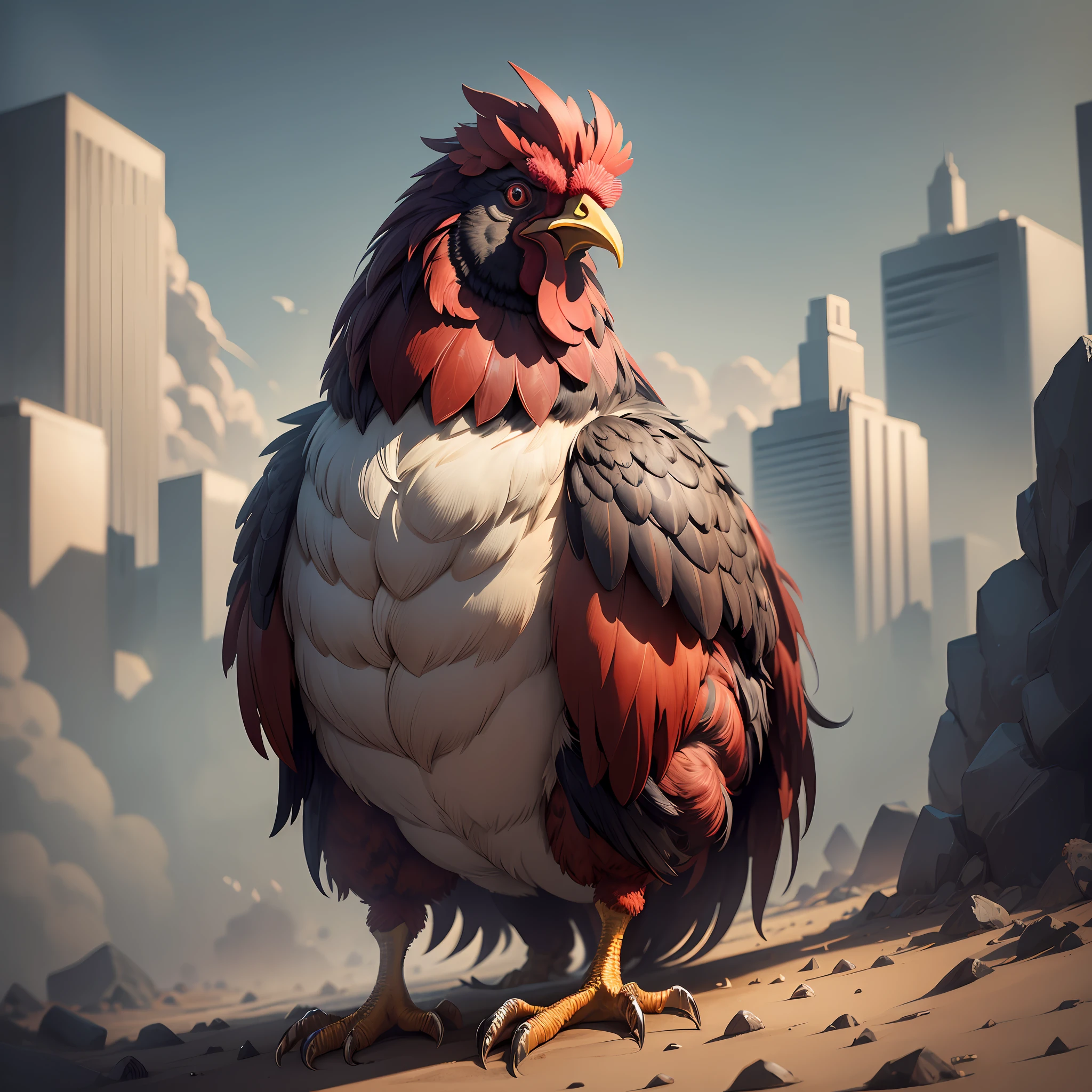 ((best quality)), ((ultradetailed)), ((masterpiece)), illustration, theme: animal mafia, animal: full body scary rooster, build: small and very fat wearing: leather jacket, expression: fierce, screaming, period view: looking forward 3/4, background: dark and sandy atmosphere, resolution: 8K