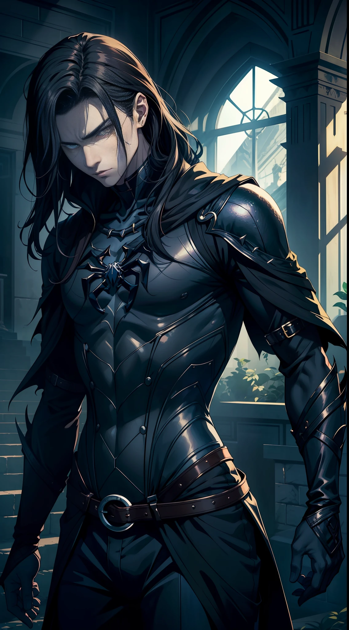 "An (agile:1.2) with a (agile build:0.9) dons (lightweight:1.1) spider themed clothes, his (tousled:1.1) (shoulder-length:0.9) (wavy_dark_hair) falling gracefully around him. With (fair pale skin:1.1) that emanates a (dark fantasy vibe:1.3), he belongs to a world of (dark:1.1) magic and intrigue."