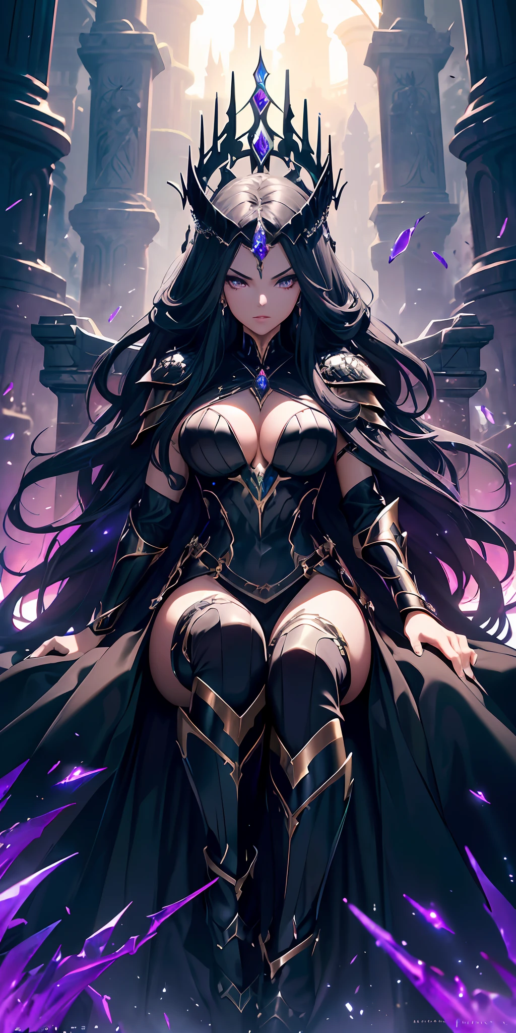 (extraordinary,Cinematic Quality,high resolution, masterpiece), a sexy and powerful fantasy queen in a mythical world, with (long flowing hair,]sleek black armor),(fierce gaze),(crown adorned with precious gemstones), (serpentine throne),(mystical and enchanting backdrop),(heavy volumetric light),(best illumination),(unique color presets),(fantastical creatures lurking in the background).
