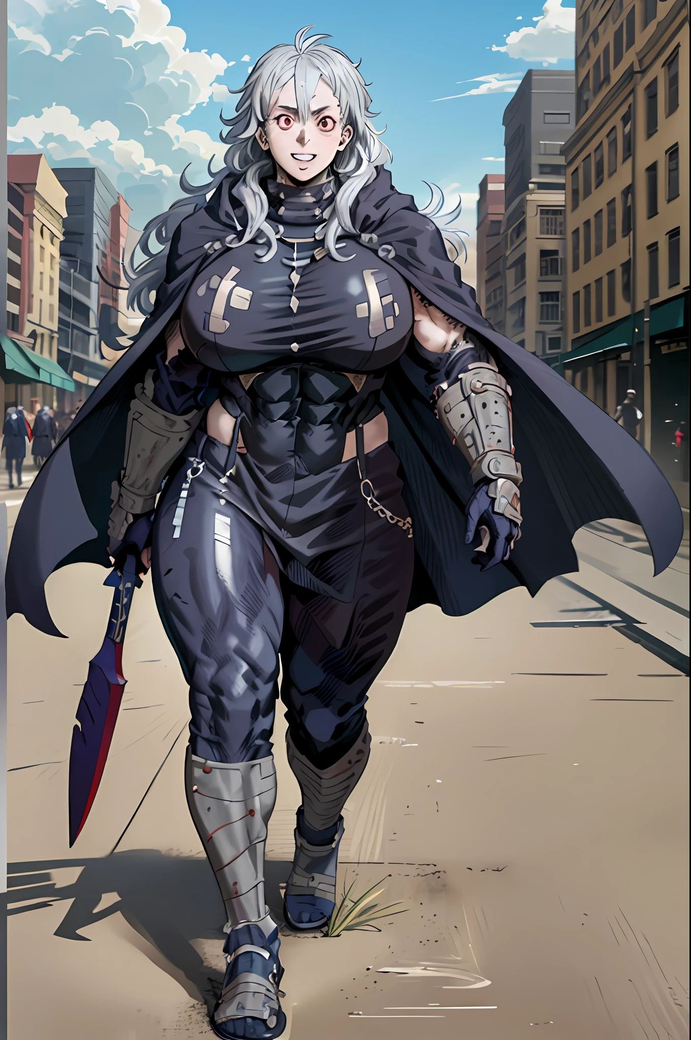 noi_dorohedoro, noi, muscular girl, huge chest, tall woman, priestess, martial art, modest, fully clothed, bent, pants, cloak, priestess, holy, walking, smile, coat, medieval, unmasked, nun, cloak,walking