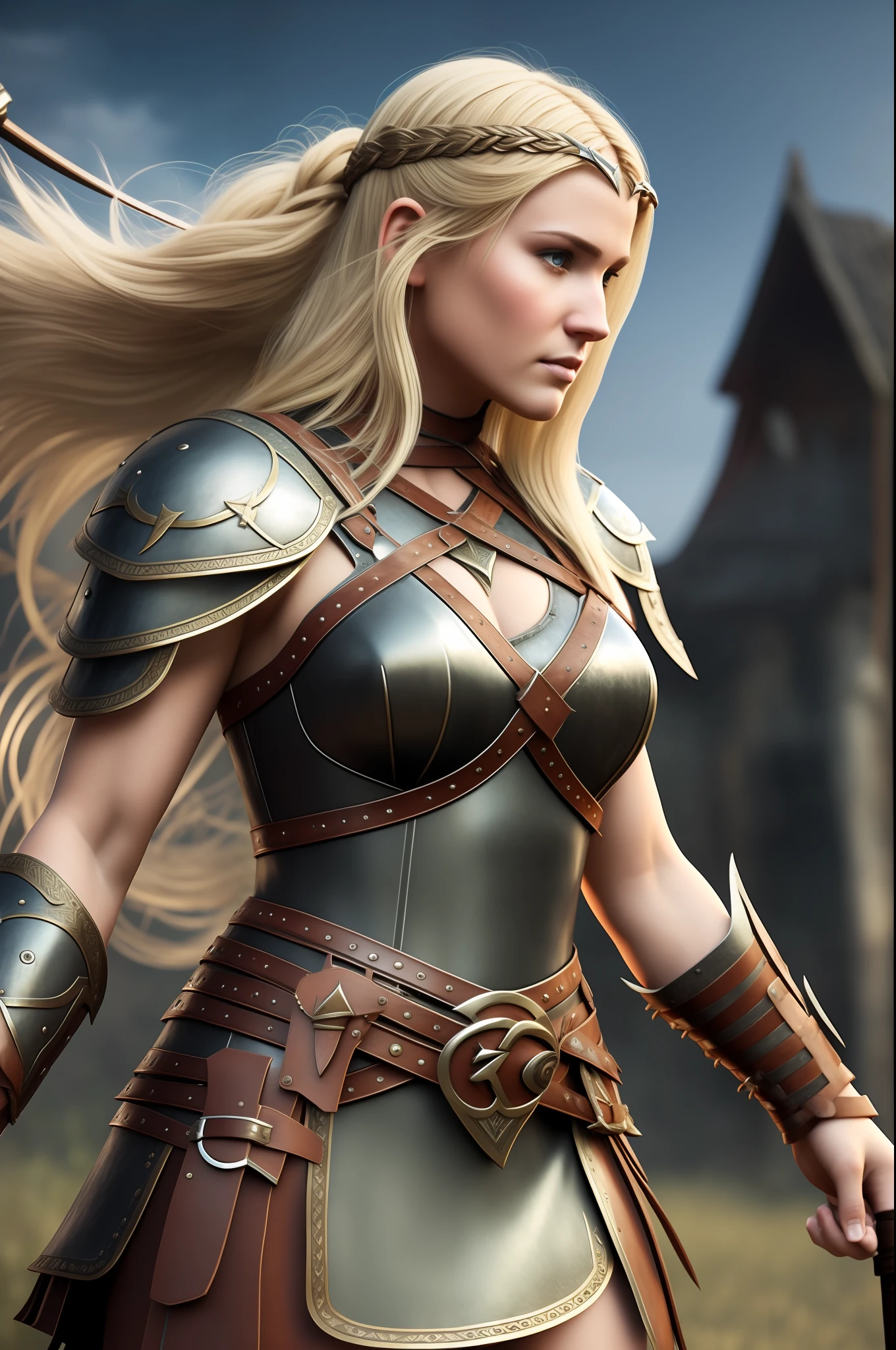 a realistic close up of a woman in a leather outfit holding a sword, a sexy blonde warrior, female viking, very beautiful female barbarian, teenage viking shieldmaiden, barbarian warrior woman, beautiful female warrior, a very beautiful berserker woman, female armor, skimpy leather armor, north adult female warrior, medieval female warrior, viking attire, wearing norse armor, female barbarian , the strolling pose, full length portrait, Direct Sunlight, unreal engine --auto --s2