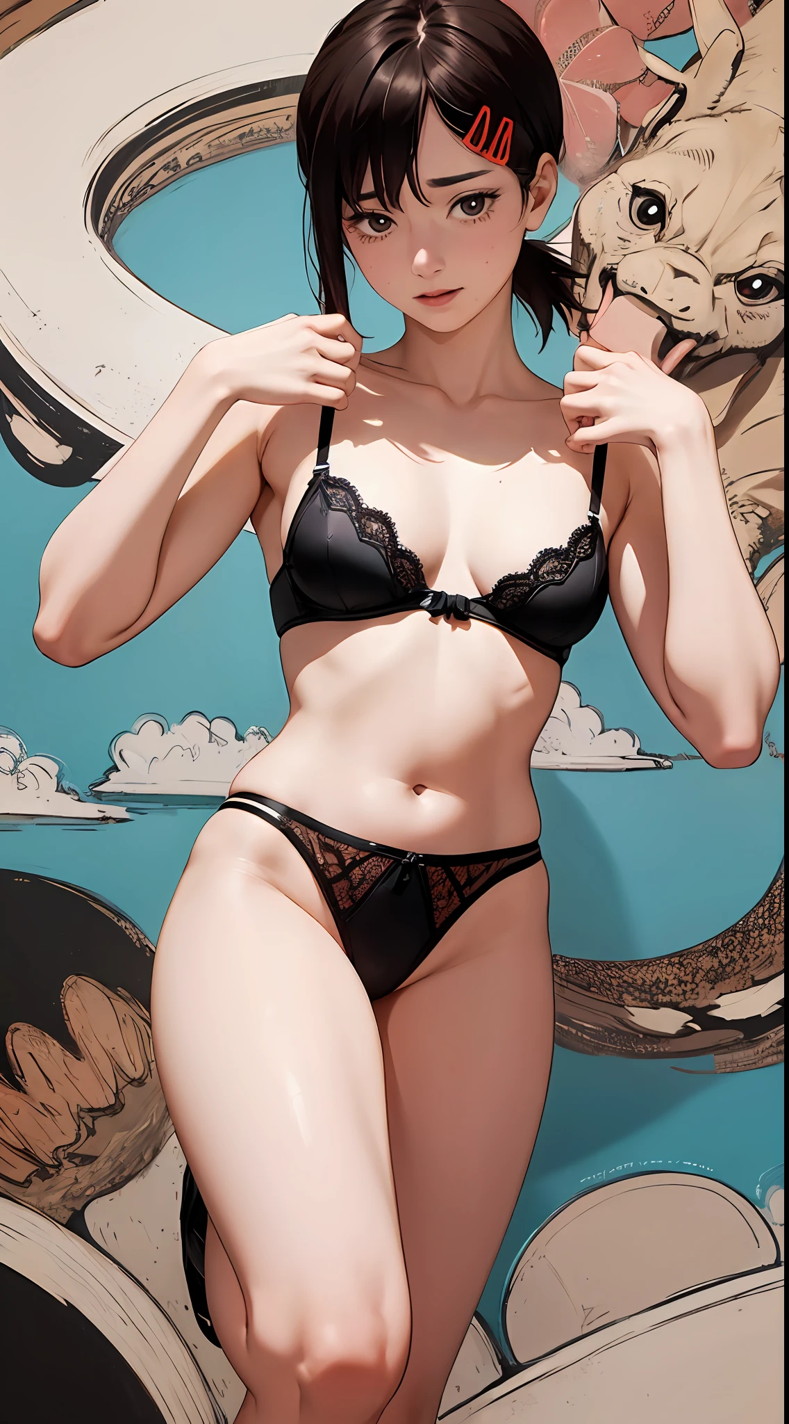 (1 girl), (Masterpiece: 1.3), (Beautiful: 1.2), (High quality: 1.2), (Fine details: 1.2), (Beautiful eyes: 1.5), Portrait, Realistic, 3D face, (Bright eyes: 1.1), Shiny hair, shiny skin, alone, embarrassing, transparent small clothes, abdomen, brown hair, black eyes, (lingerie: 1.3), full body, excellent anatomical structure, cute pose, Cute hands, camel toe.