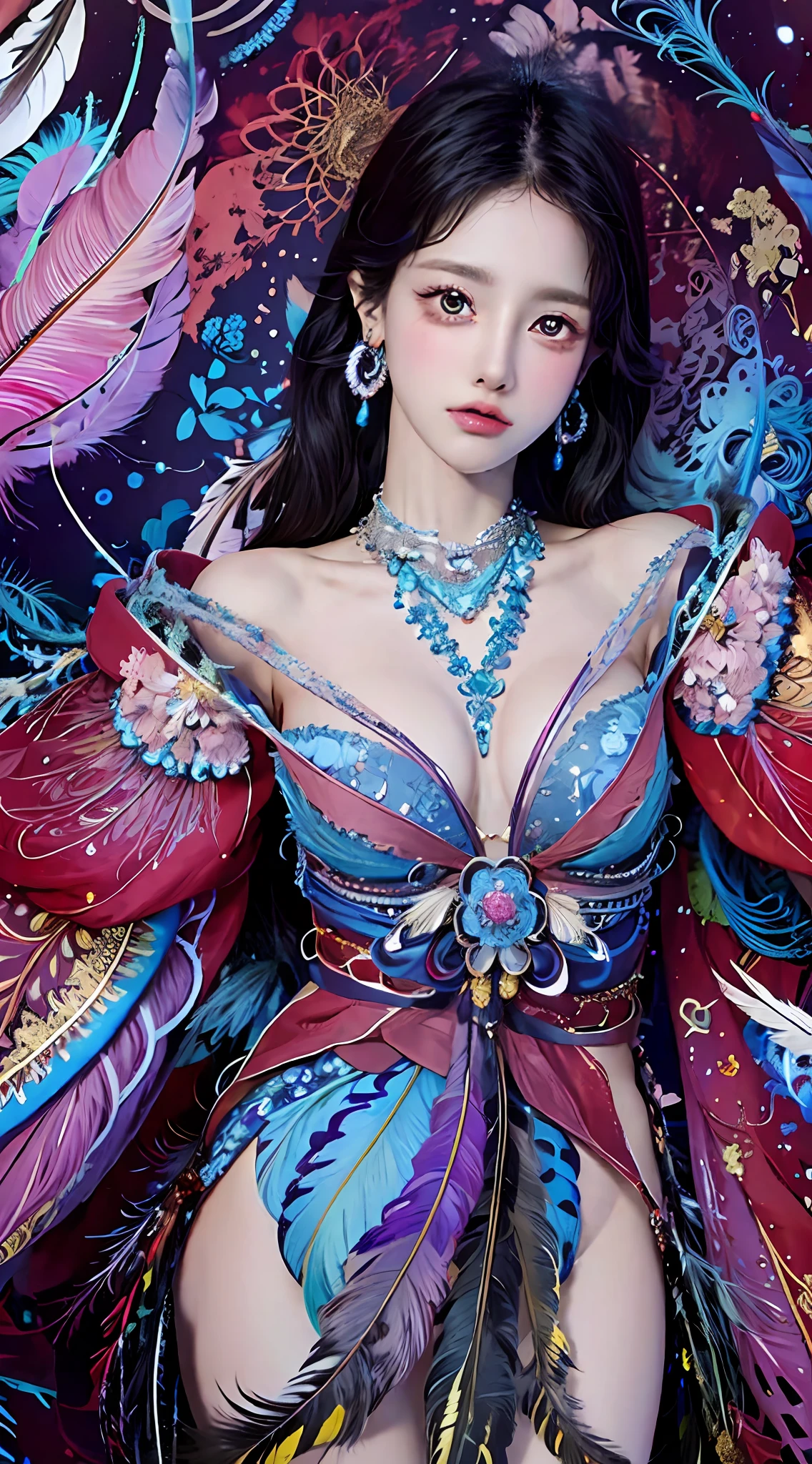 (Masterpiece, Top Quality, Best Quality, Official Art, Beauty and Aesthetics: 1.2), (1girl: 1.3), Very Detailed, (Fractal Art: 1.1), (Color: 1.1) (Flowers: 1.3), Most Detailed, (Zentangle: 1.2), Full Body, (Abstract Background: 1.3), (Shiny Skin), (Many Colors: 1.4), ,( earrings), (feathers:1.5), big breasts, bras, sexy,