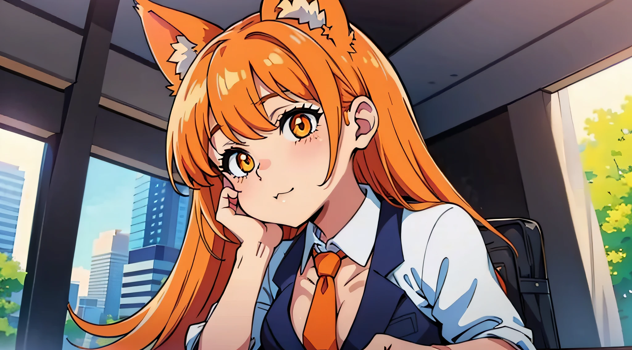 Fox girl, girl, orange tie, orange hair, big chest, :3 face (wallpaper, 4k, masterpiece, aesthetic)