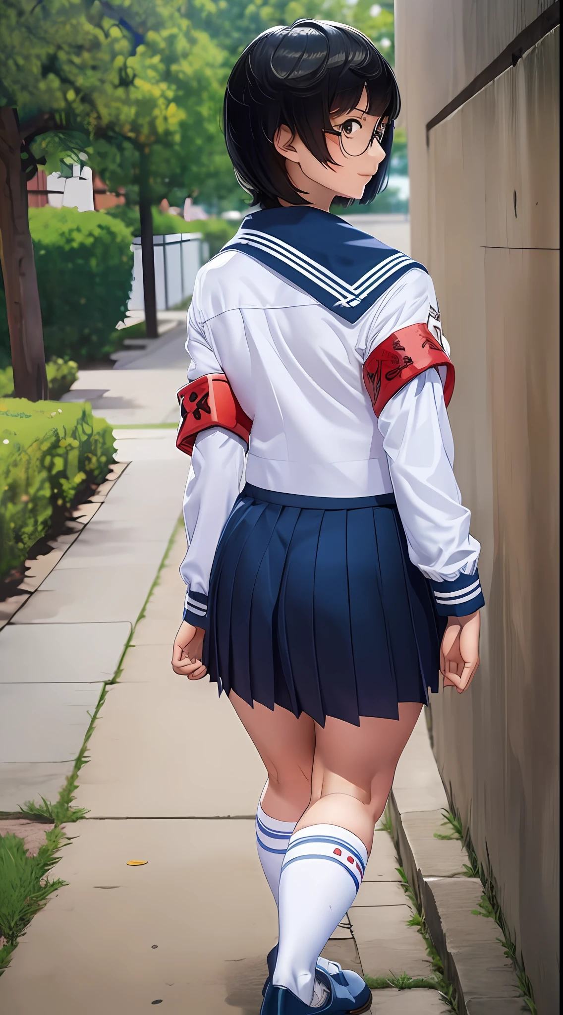 Suzuka, girl, short black hair, face, glasses, atarashii gakko leaders, sailor school uniform, red armband, white/blue shirt, and blue skirt, legs, white/blue socks, shoes, sexy gaze, view from behind