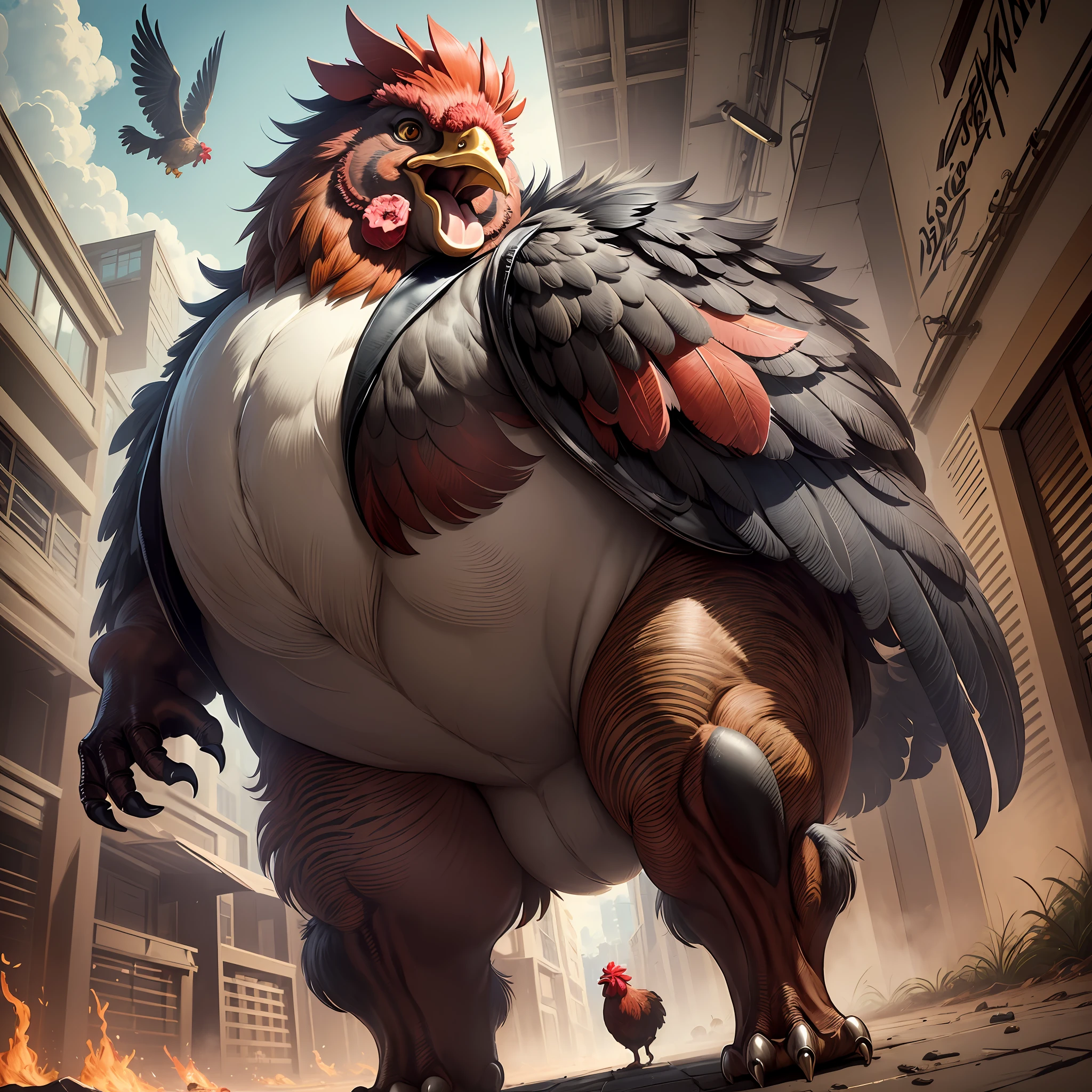 ((best quality)), ((ultradetailed)), ((masterpiece)), illustration, theme: animal mafia, animal: full body happy rooster, build: small and very fat wearing: leather jacket, expression: fierce, screaming, period view: looking forward 3/4, background: dark and sandy atmosphere, resolution: 8K