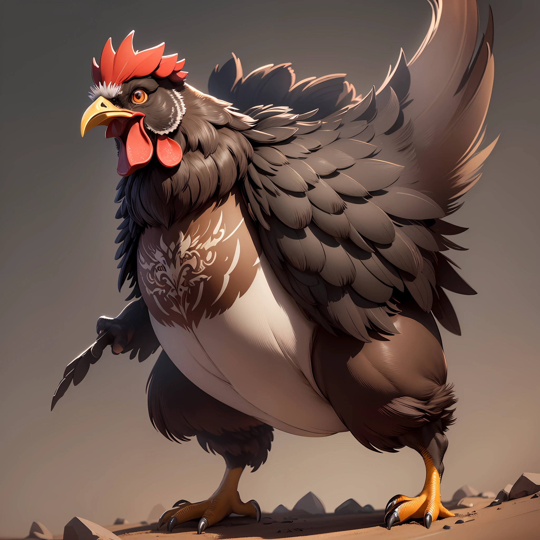 ((best quality)), ((ultradetailed)), ((masterpiece)), illustration, theme: animal mafia, animal: full body happy rooster, build: small and very fat wearing: leather jacket, expression: fierce, screaming, period view: looking forward 3/4, background: dark and sandy atmosphere, resolution: 8K