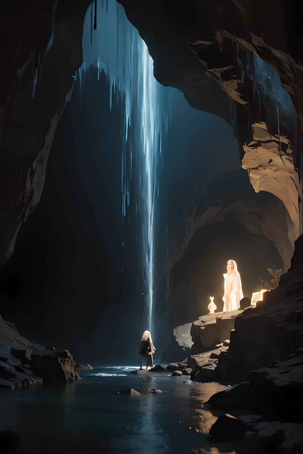 (Front focus), (In the dark: 1.6), Hyperrealistic portrait of a woman by David Hockney and Alphonse mucha, a cave with a stream running through it, beautiful fantasy cave scene, magical cave, cave background, mystic dark cave, an eerie cave, cavern, dark gloomy cave background, dark cave, dark cavern, deep cave, cave, cave glowing stones, glowing crystal cave,  cave with waterfall, watery caverns, very dark cave, cave lighting, cave system Realistic photo, Dynamic lighting, Artstation, Poster, Volumetric lighting, Highly detailed faces, 4K, Award-winning, 1Girl, In the dark, Deep shadow, Low key, Cowboy photo, (Official clothing: 1.4), Long hair, White hair