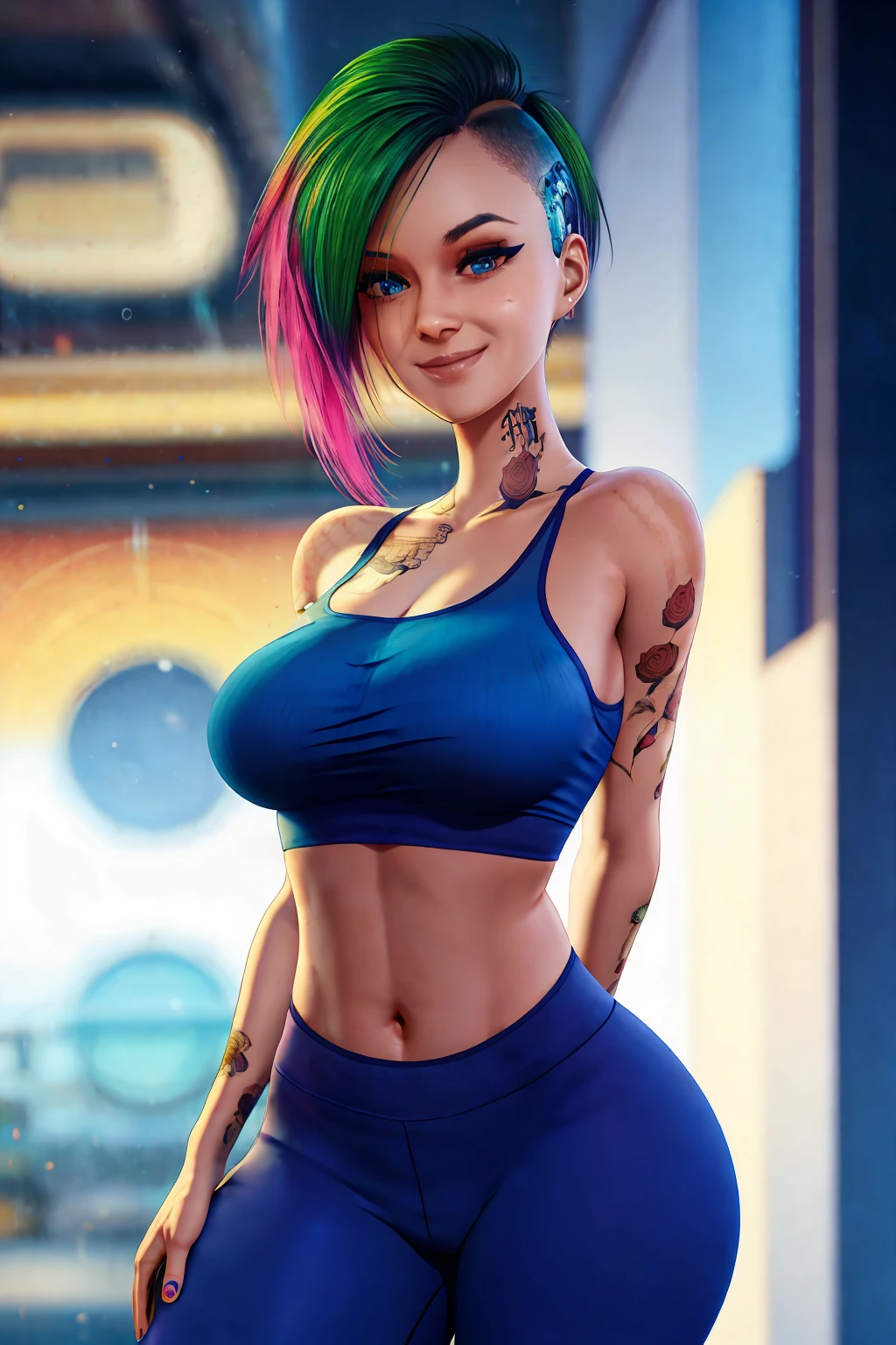 (best quality, masterpiece), blue hair, earring, yoga pants, bra, tight skin, toned, smug, smile, Bulma and chichi, thin waist, backlight,