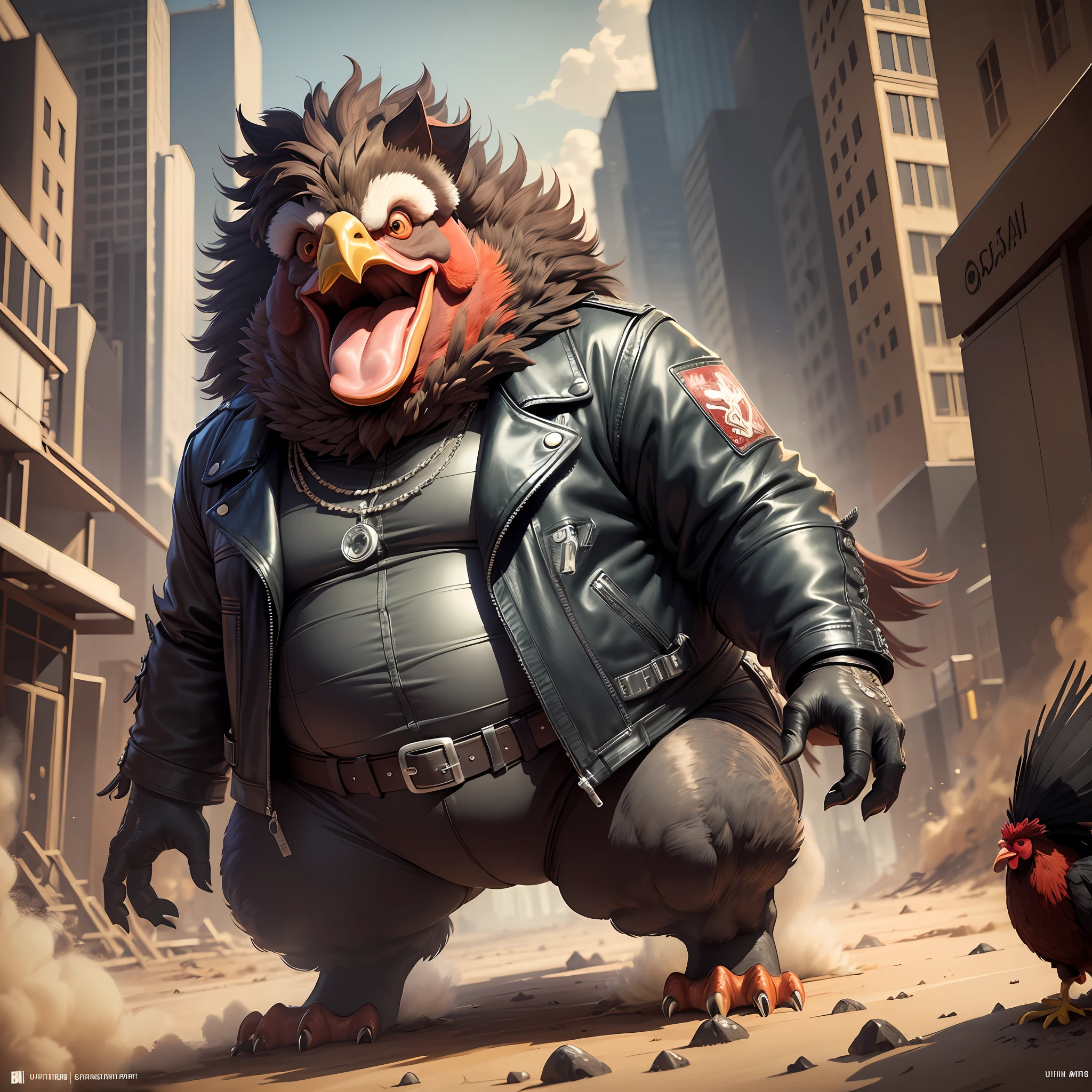 ((best quality)), ((ultradetailed)), ((masterpiece)), illustration, theme: animal mafia, animal: full body laughing rooster, build: small and very fat wearing: leather jacket, expression: fierce screaming laughing close eyes  period view: looking forward 3/4, background: dark and sandy atmosphere, resolution: 8K
