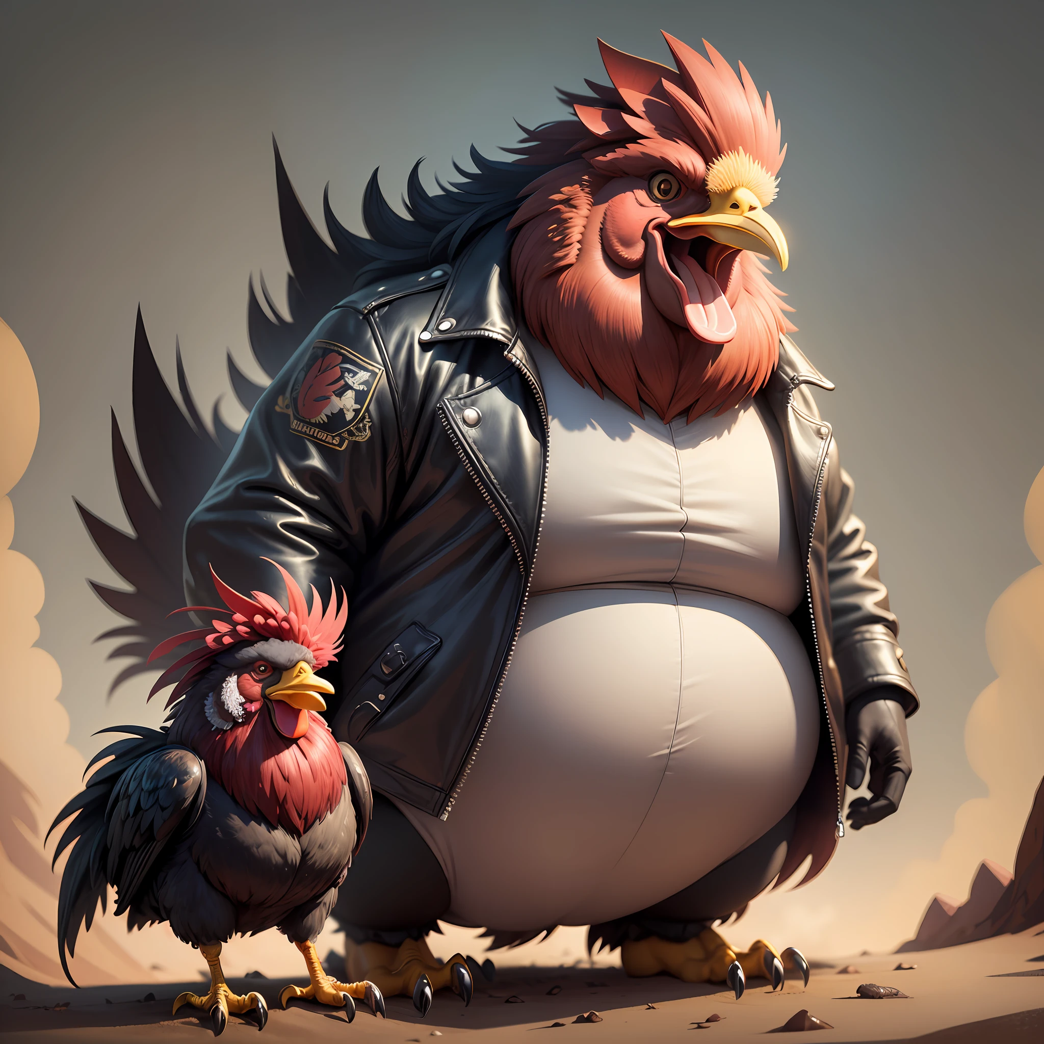 ((best quality)), ((ultradetailed)), ((masterpiece)), illustration, theme: animal mafia, animal: full body laughing rooster, build: small and very fat wearing: leather jacket, expression: fierce screaming laughing close eyes period view: looking forward 3/4, background: dark and sandy atmosphere, resolution: 8K