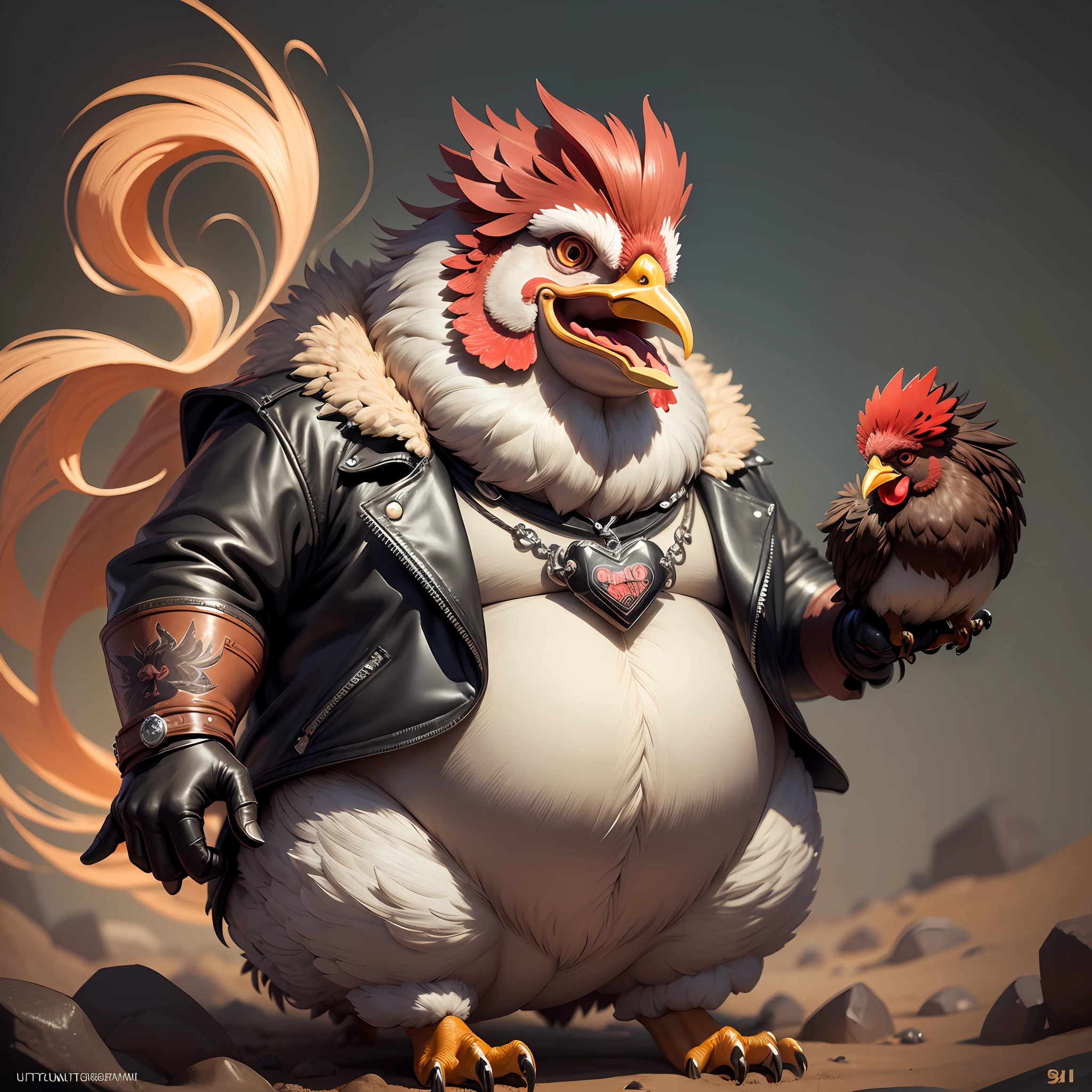 ((best quality)), ((ultradetailed)), ((masterpiece)), illustration, theme: animal mafia, animal: full body laughing rooster, build: small and very fat wearing: leather jacket, expression: fierce screaming laughing close eyes  period view: looking forward 3/4, background: dark and sandy atmosphere, resolution: 8K