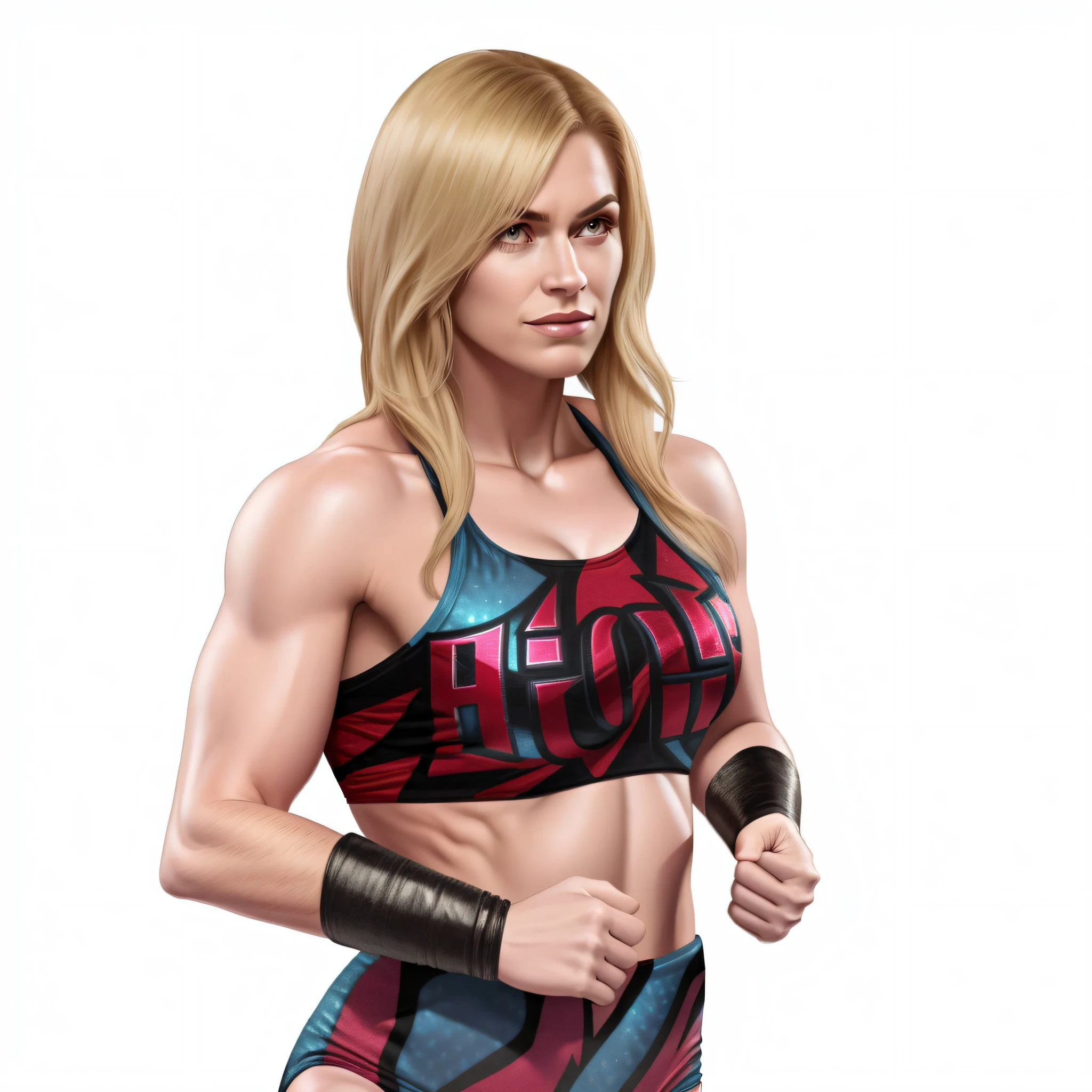 a woman in a wrestling bra and wrestling trunks, photo realistic,