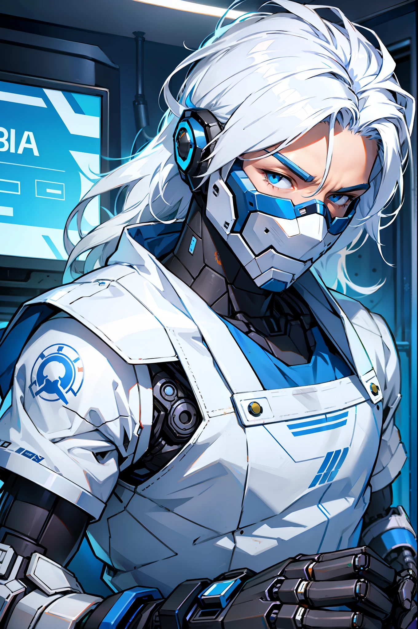 A boy, ciborg, with white and blue clothes, messy long white hair, robotic arm, robotic mask