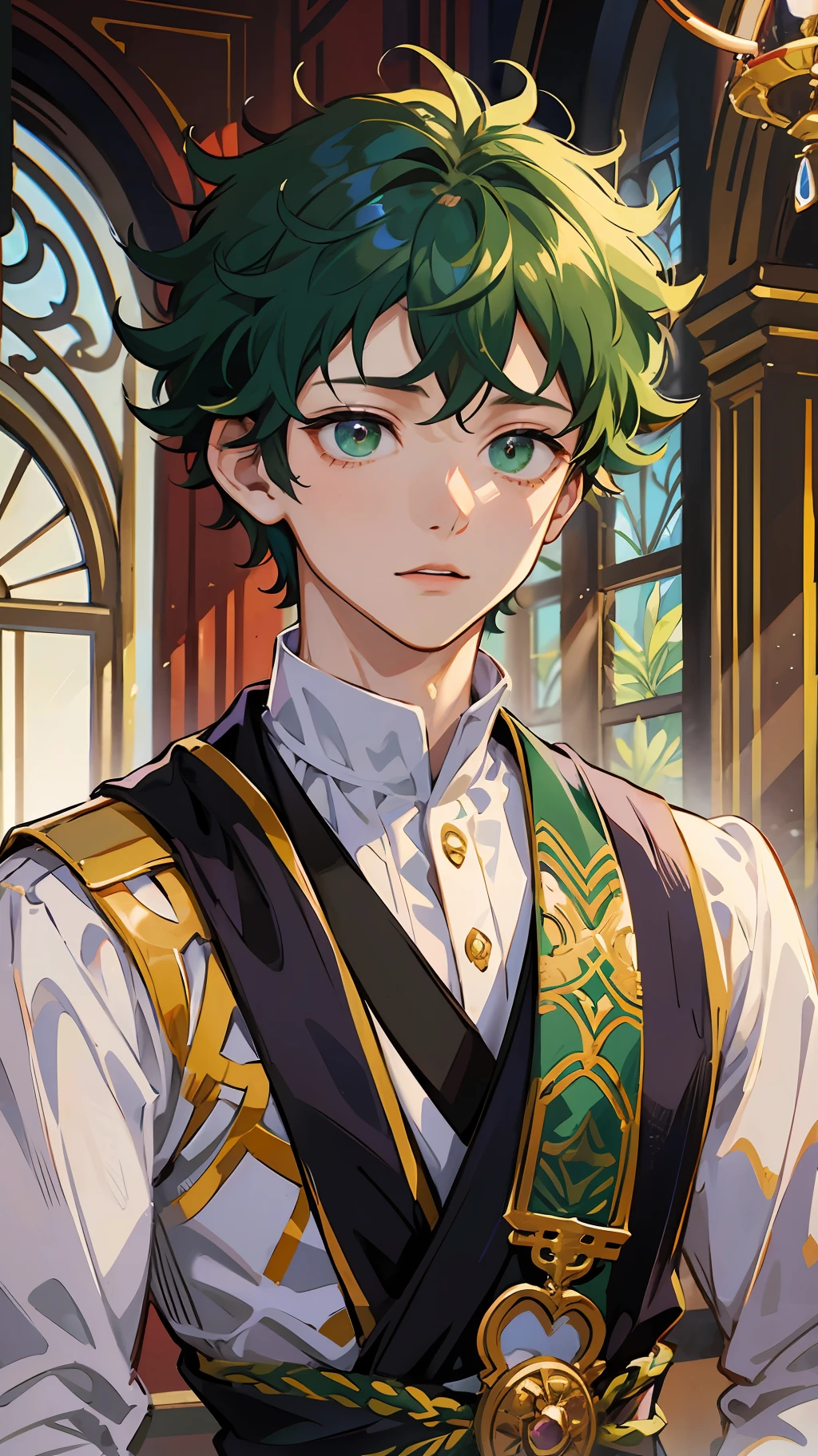 Midoriya Izuku, he is dressed in princely clothes, his face is a little red, it is noted that he is in a medieval palace, his eyes are green, his hair very dark green, his waist is thin although he is a man, high resolution, masterpiece, total focus on him. --auto --s2