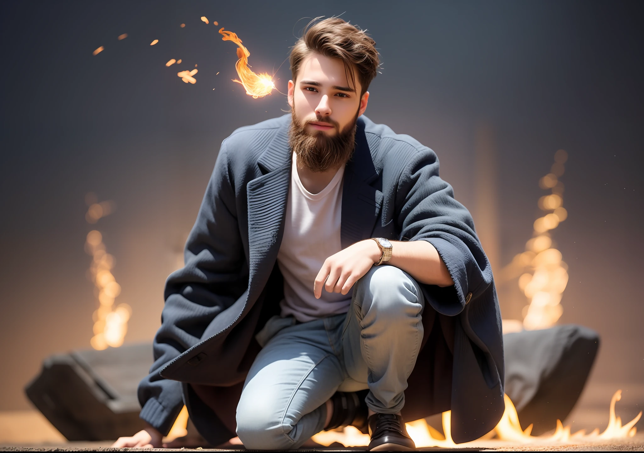 A young man of 25 years, with a beard, with clothes, kneeling and on fire.