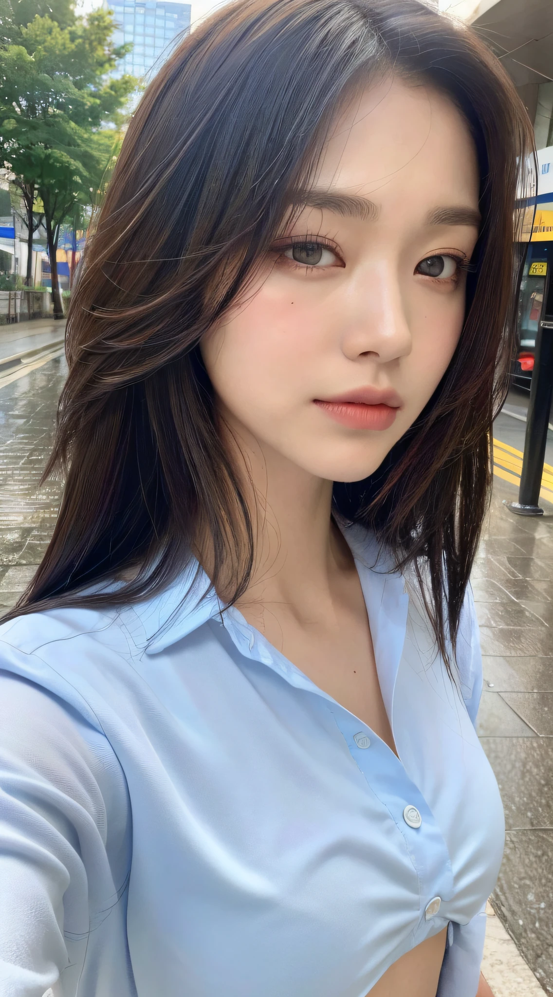 ((Top Quality, 8K, Masterpiece: 1.3)), Sharp: 1.2, Perfect Body Beauty: 1.4, Slim Abs: 1.2, ((Layered Hairstyle, Big: 1.2)), (Simple Shirt: 1.1), (Rain, Street: 1.2), Wet: 1.5, Highly Detailed Face and Skin Texture, Detailed Eyes, Double Eyelids, Aspect Looking at Camera