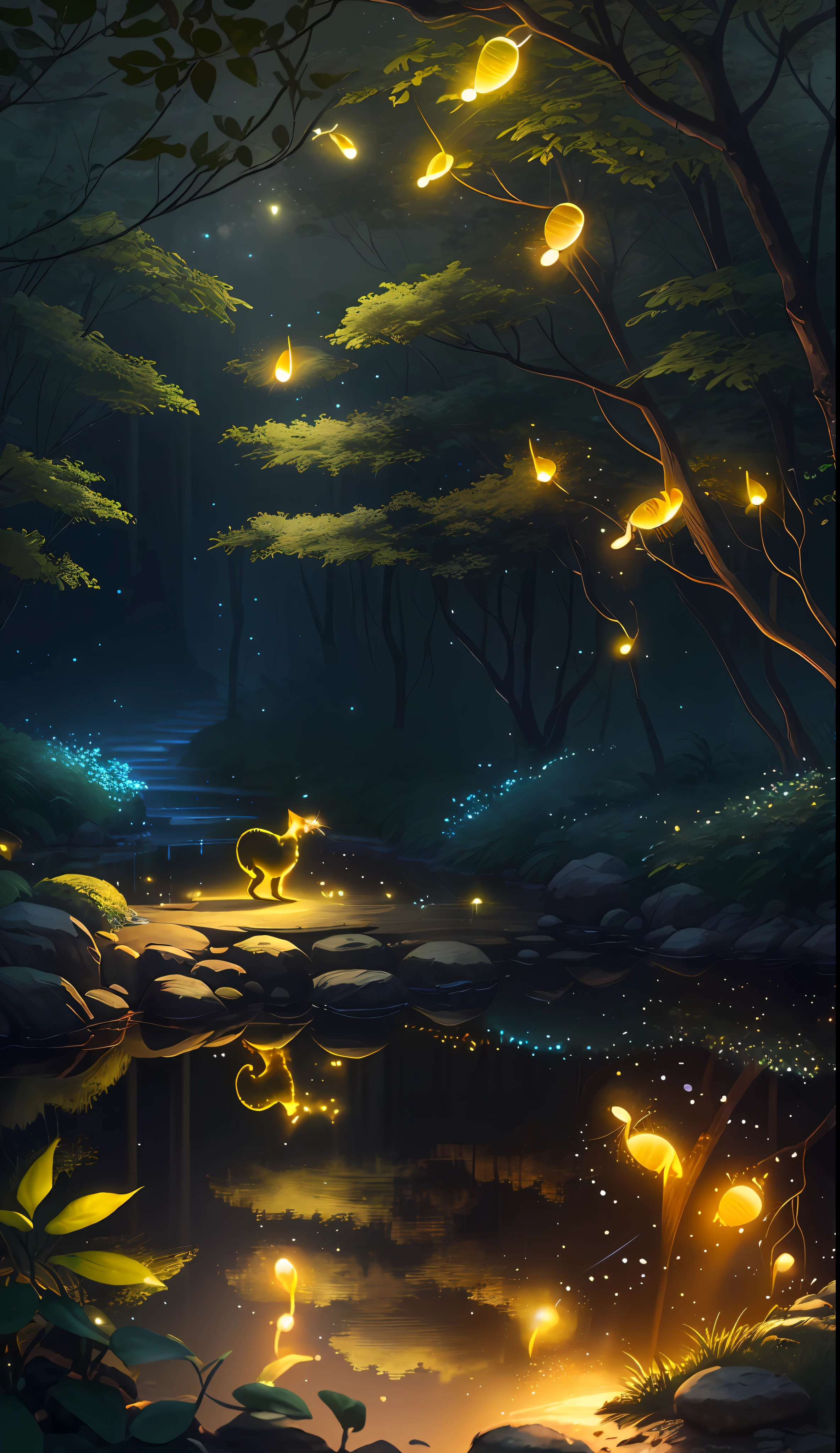 Masterpiece, best quality, (CG wallpaper 8k very detailed), (best quality), (best illustration), (best shadows), bright sprite, with a bright cat, in the pool Drinking water, natural elements in the theme of the forest . Mysterious forest, beautiful forest, nature, surrounded by flowers, delicate leaves and branches surrounded by fireflies (natural elements), (jungle theme), (leaves), (branches), (fireflies), (particle effects) etc.3D, Octane rendering, ray tracing, super detailed