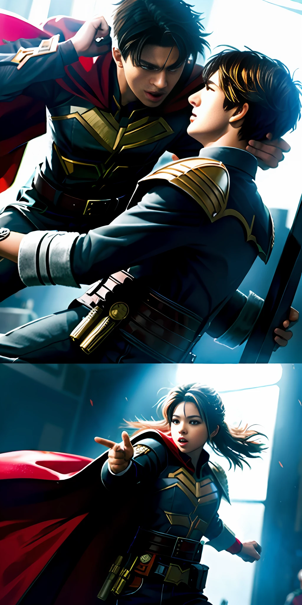 a fight between young heroes and villains