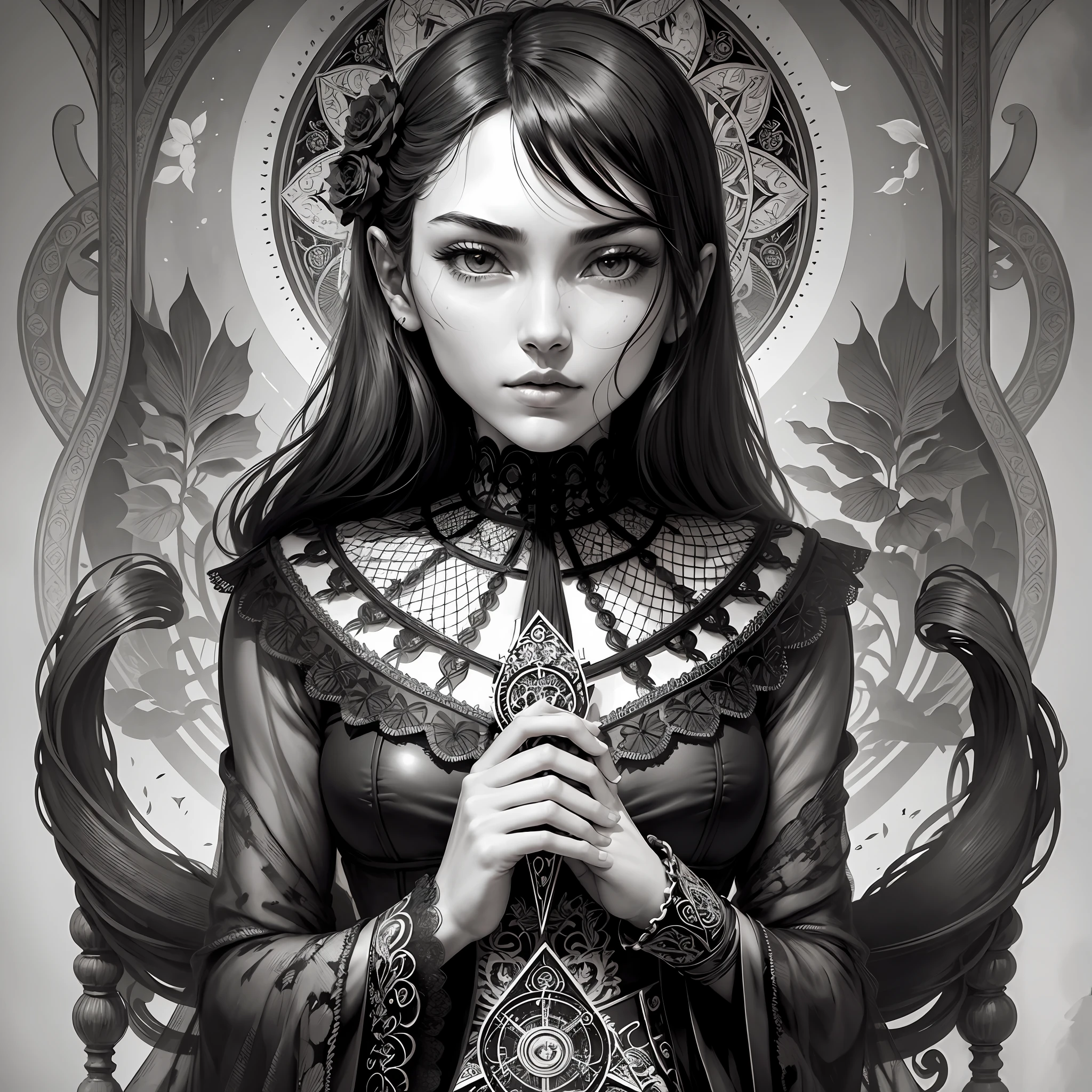 "Tarot card line art", intricate details, delicate linework, high contrast, black and white, mysterious and alluring, intricate patterns, vintage aesthetic. --auto --s2