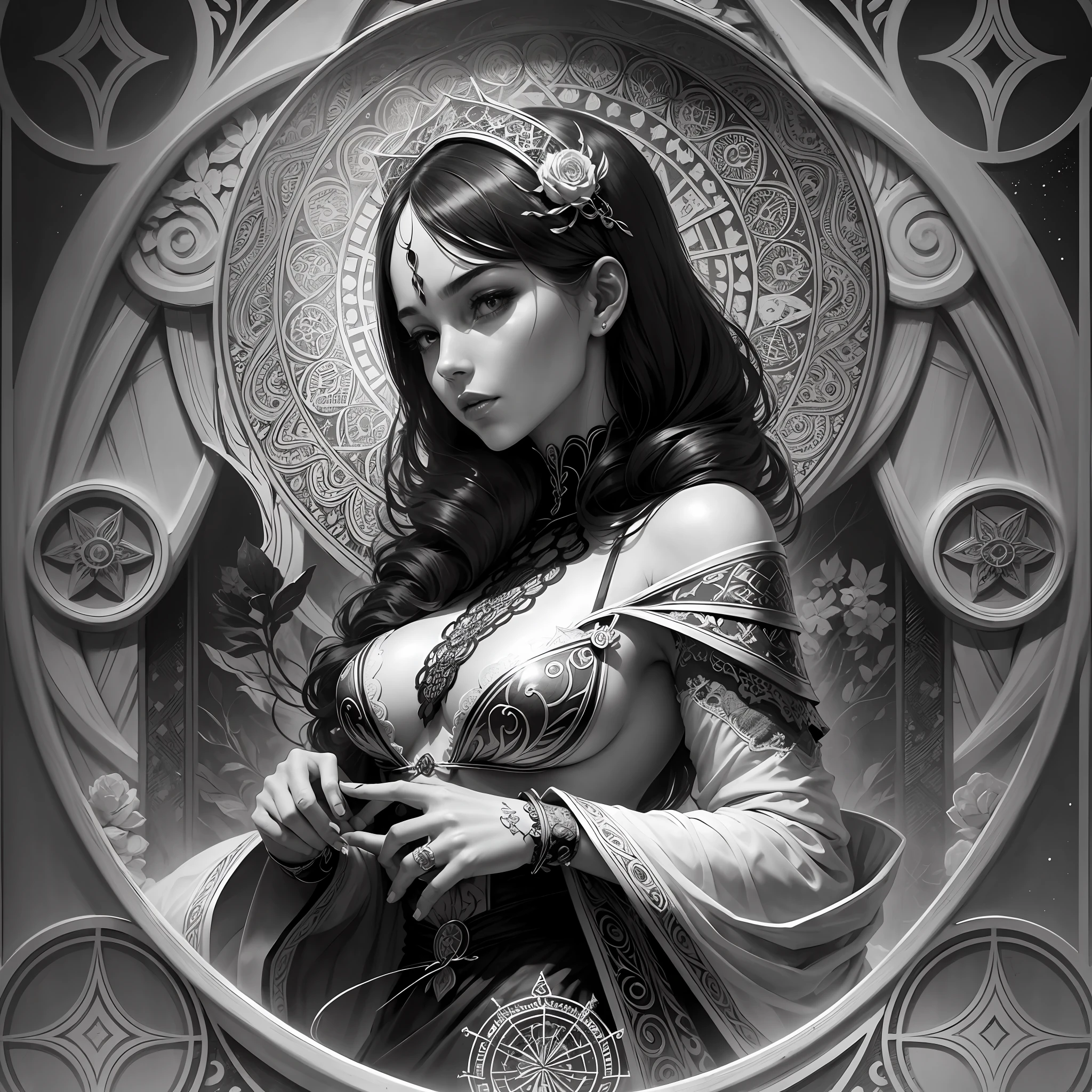 "Tarot card line art", intricate details, delicate linework, high contrast, black and white, mysterious and alluring, intricate patterns, vintage aesthetic. --auto --s2