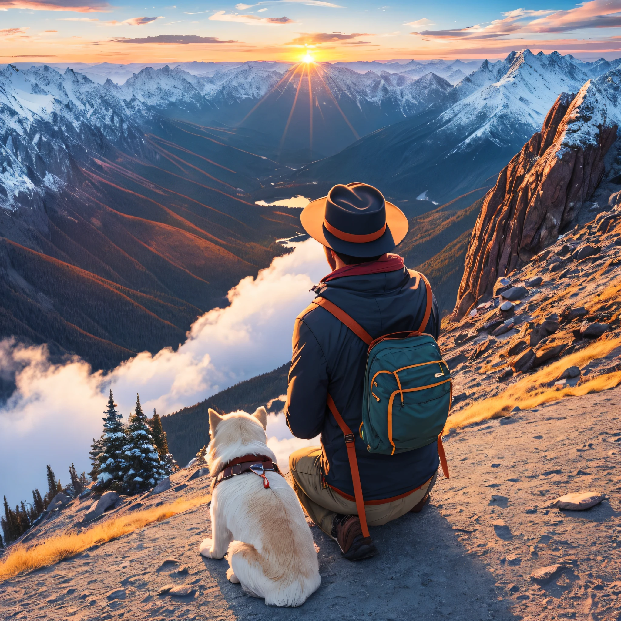 imagine man in a hat on top of the mountain watching the sunset with his dog by his side 4k..4 --auto --s2