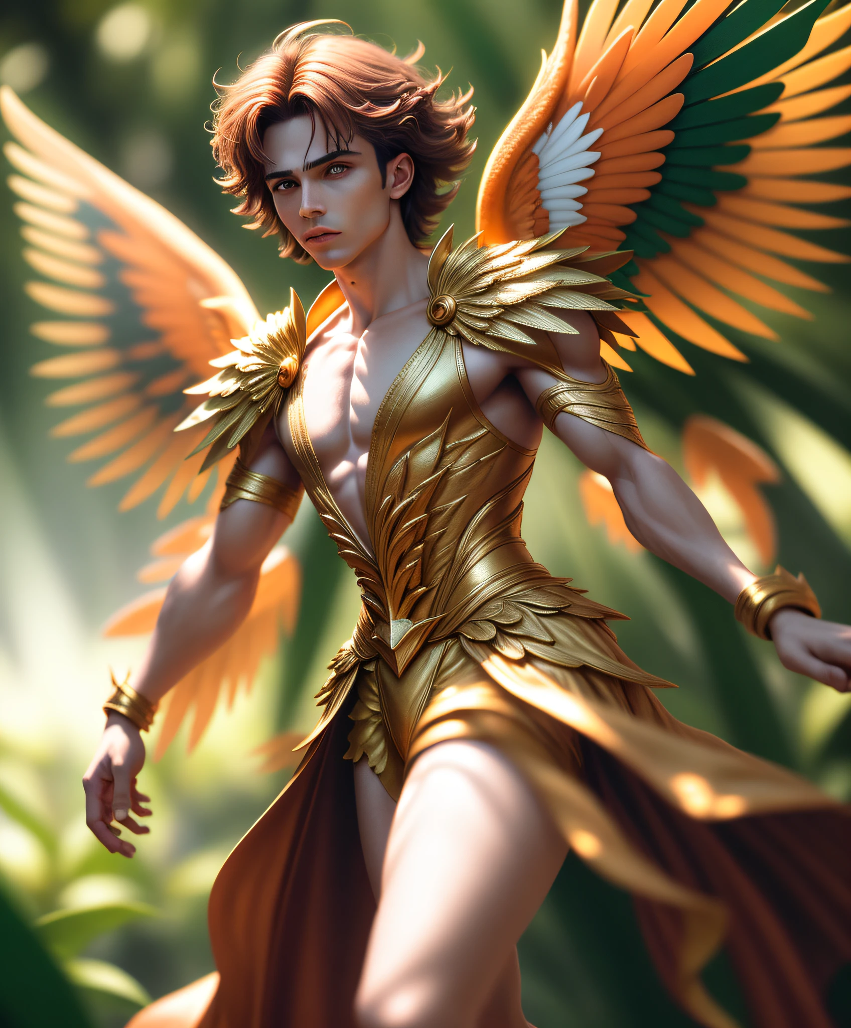 Fairy male man with orange and gold details, large wings, detailed face, detailed hands, detailed legs, detailed fingers, detailed hair, detailed eyes, detailed skin, lush vegetation blurred background, vibrant colors, lush light, soft light, sunset light, smooth light, symmetrical, full body, reflections, dynamic HDR lighting, 8k resolution, cinematic film, smooth, sharp focus, realistic, strobe light beams,  ((blurred background)):1.7, (((depth of field)) ):1.8, cinestill 800t 35mm, high quality, heavy grain, high detail, cinematic composition, dramatic light, anamorphic, ultra wide lens, hyperrealistic