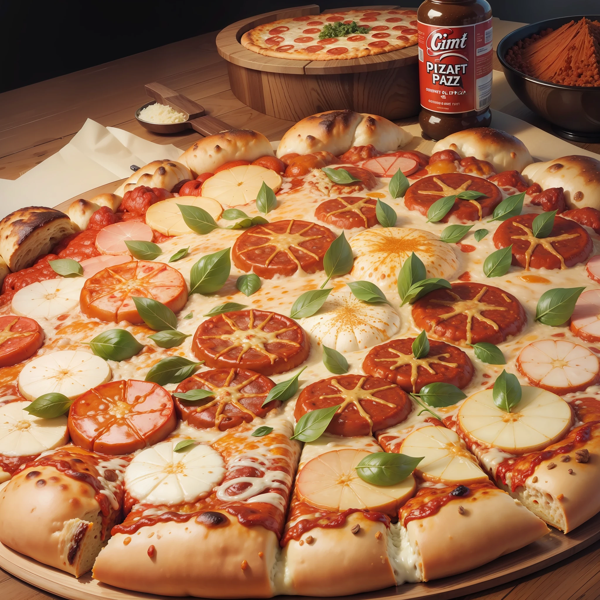 giant pizza showing a lot of filling next to spices --auto --s2