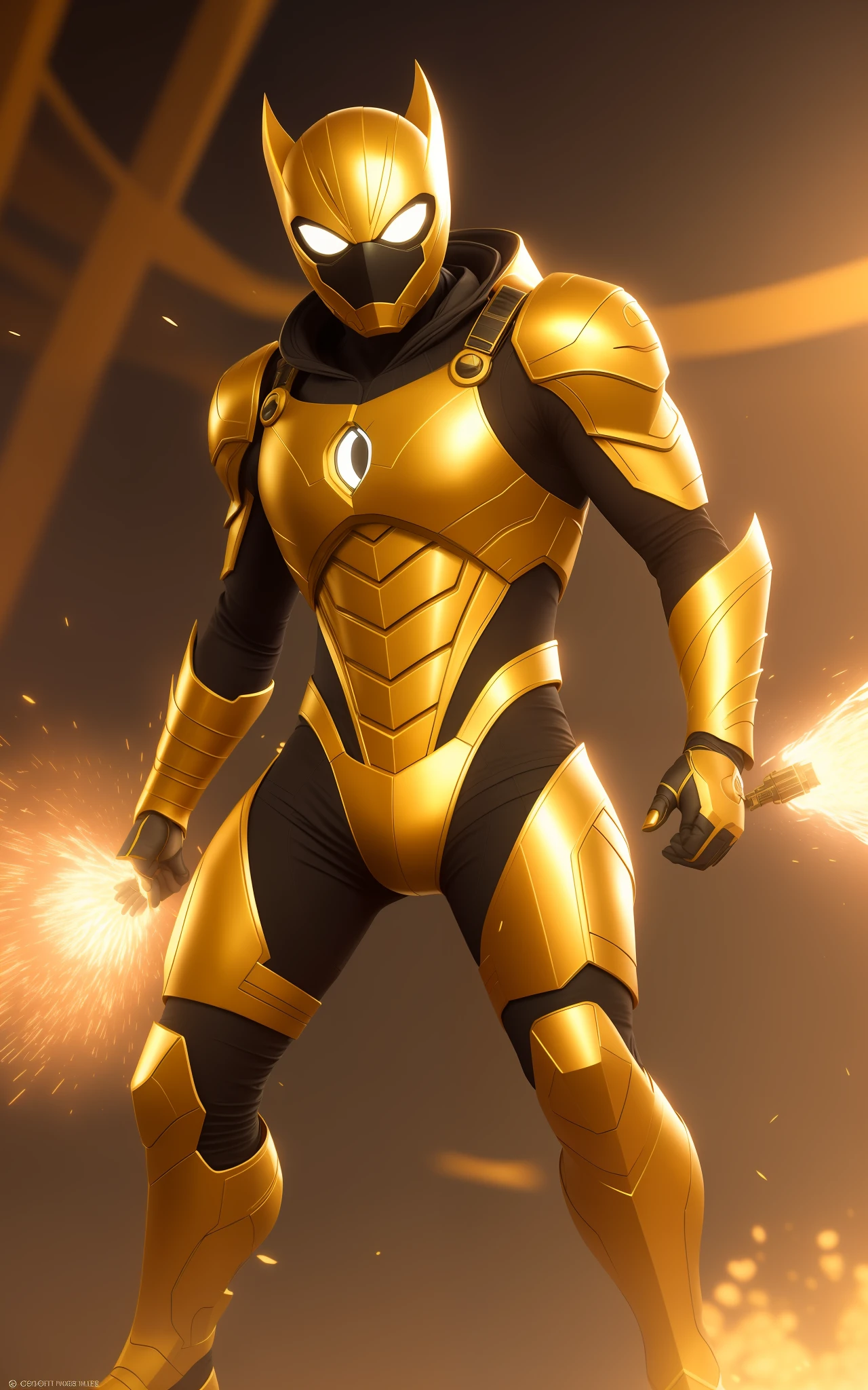 Miguel ohara, in a golden outfit, organic looking outfit, texture gooey symbiote covering everything, white eyes, fine art, ps5 cinematic screenshot,highly detailed detailed cinematic rendering, ultra photorealistic raytricing, with cinematic lighting, futuristic, action pose, masterpiece, fighting posture