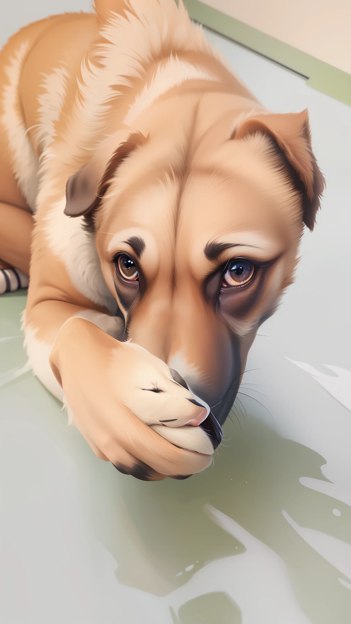 enchange this dog picture quality, paw covering the dog nose, digital art, ultra realistic, ultra detailed, ultra realistic lights and shaddow --auto --s2
