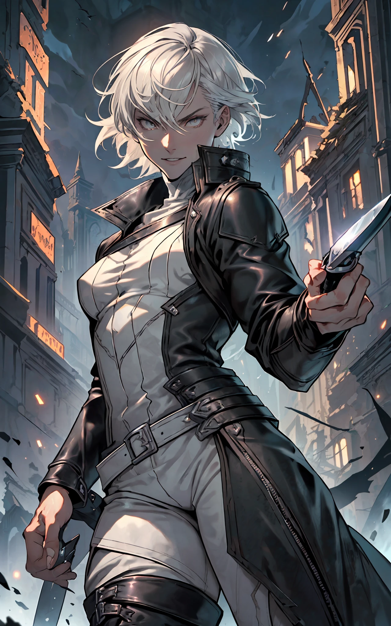 (/(castlevania/) style:1.3), (1person, futanari, androgynous:1.5),(thin, skinny:1.3),(pale skin, light grey skin color:1.3),(short hair, white hair:1.4),(grey eyes:1.3),((black outfit, black clothes, leather outfit), rouge outfit, pants, boots:1.5),(holding knives), smiling, night sky on background /( victorian city/), masterpiece, best quality, ultra-detailed, tessellation, depth of field, ultra realistic, poster, style of artstation, illustration, cinematic, atmospheric shot, seductive body proportions, high saturation image, high sharp character, many small details, detailed iris of eyes,(ruins background, detailed background, nighttime:1.2),(blood splashes, knives:1)