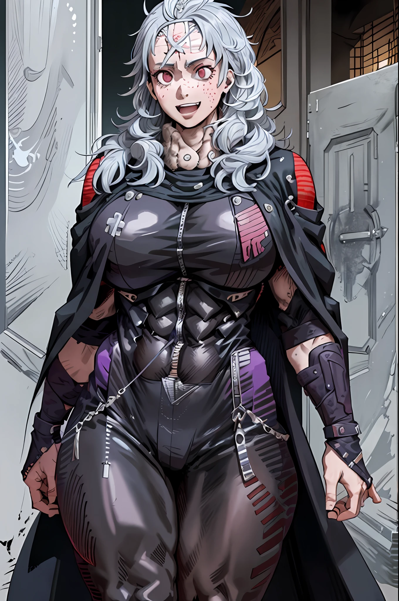 noi_dorohedoro, noi, muscular girl, huge chest, tall woman, priestess, martial art, modest, fully clothed, bent, pants, cloak, priestess, holy, walking, smile, coat, medieval, unmasked, nun, cloak,walking