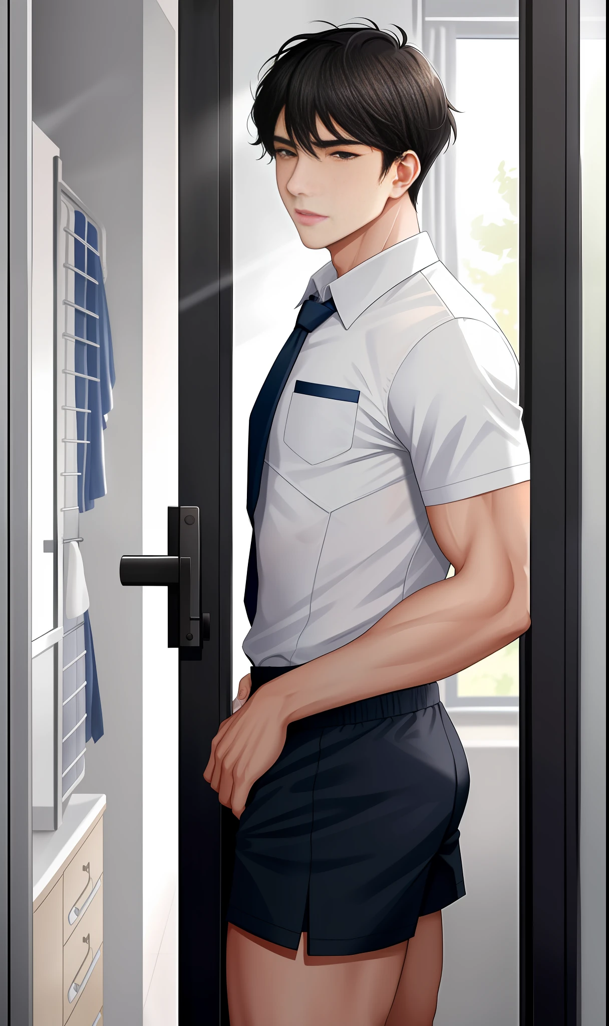 a man and a teenage boy, romantic, of different ethnicities, half-naked in an all-male school, with firm pectorals, man in school uniform, sexy shorts and underwear and sports uniform, in the men's dressing room, men in the background, in the school showers school showers, school carpet, rich, erotic, sensual, male lascivious, seductive, exciting, submissive, domineering, fearful, disturbing, perversely sexual, sexy, men only, romantic, grumpy, very detailed skin, skin pores, school dress, sunny weather, steam, showers, 8k uhd, dslr, dim lighting, high quality, film grain, Fujifilm XT3.