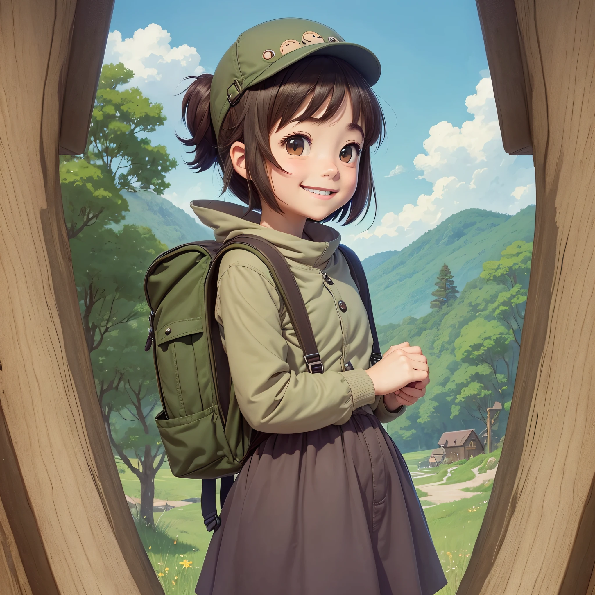 Little smiling star, with backpack on her back. Bucolic style. Smooth color. Simple art. Ghibli studio style. --auto --s2