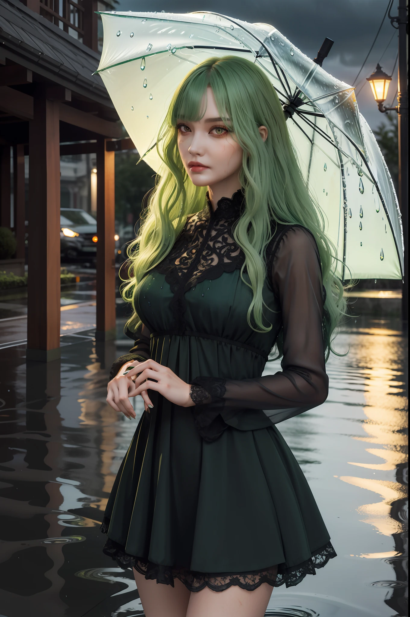 Beautiful woman, wavy hair, long light green hair, blunt bangs, orange eyes, black dress, long sleeves, finely detailed eyes and detailed face, intricate details, tired, raindrops, wet surfaces, reflections, umbrellas, puddles, moody atmosphere