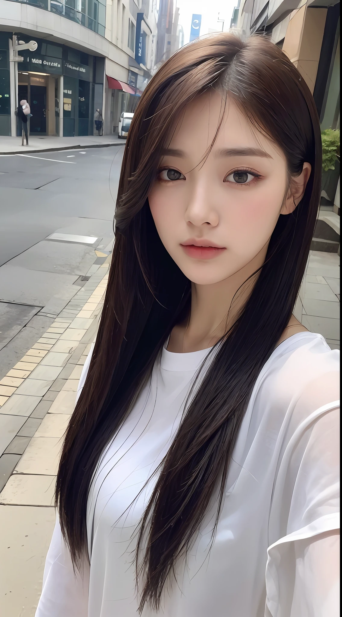 ((Top Quality, 8K, Masterpiece: 1.3)), Sharp: 1.2, Perfect Body Beauty: 1.4, Slim Abs: 1.2, ((Layered Hairstyle, Big: 1.2)), (Simple Shirt: 1.1), (Rain, Street: 1.2), Wet: 1.5, Highly Detailed Face and Skin Texture, Detailed Eyes, Double Eyelids, Aspect Looking at Camera