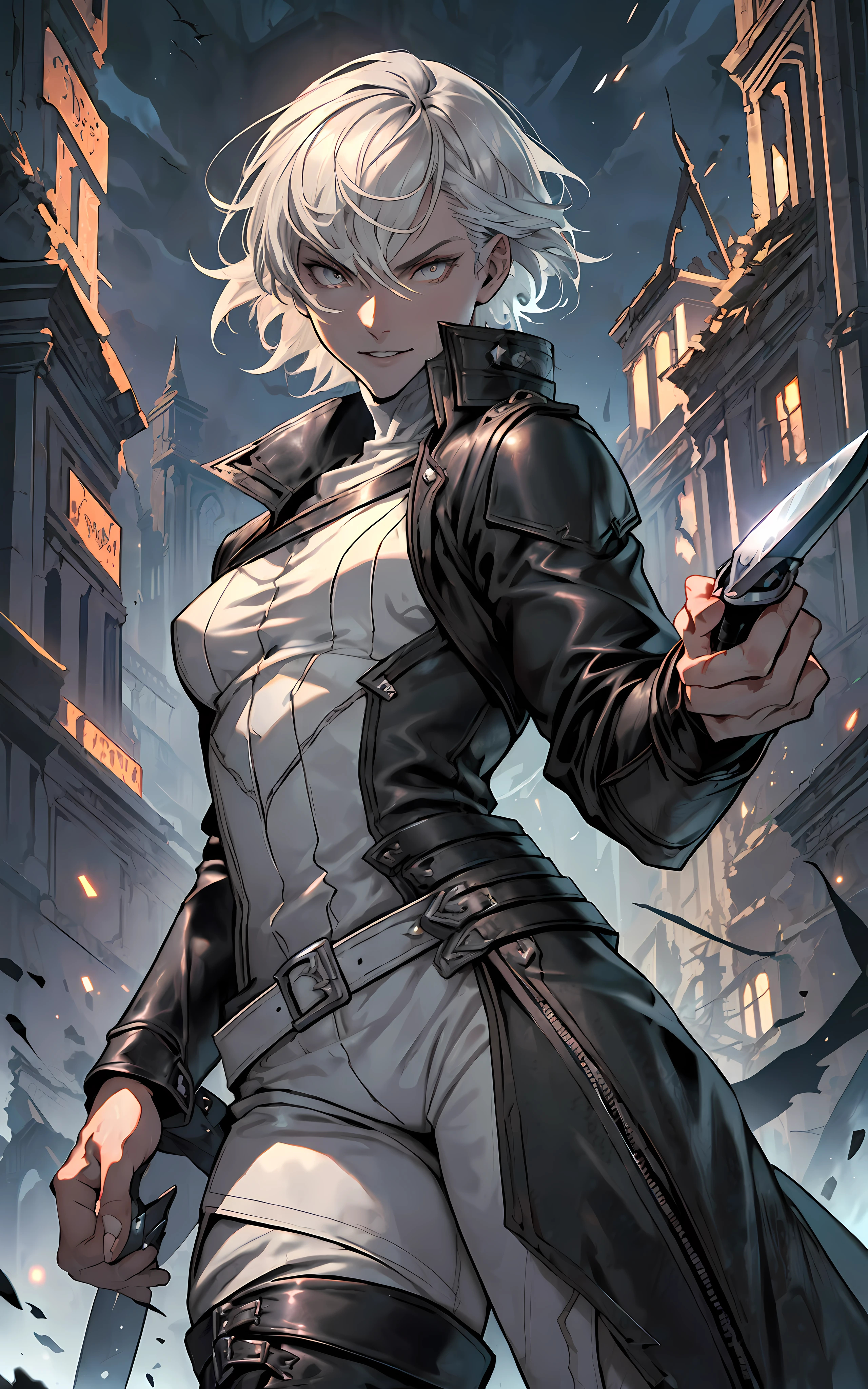 (/(castlevania/) style:1.3), (1person, futanari, androgynous:1.5),(thin, skinny:1.3),(pale skin, light grey skin color:1.3),(short hair, white hair:1.4),(grey eyes:1.3),((black outfit, black clothes, leather outfit), rouge outfit, pants, boots:1.5),(holding knives), smiling, night sky on background /( victorian city/), masterpiece, best quality, ultra-detailed, tessellation, depth of field, ultra realistic, poster, style of artstation, illustration, cinematic, atmospheric shot, seductive body proportions, high saturation image, high sharp character, many small details, detailed iris of eyes,(ruins background, detailed background, nighttime:1.2),(blood splashes, knives:1)
