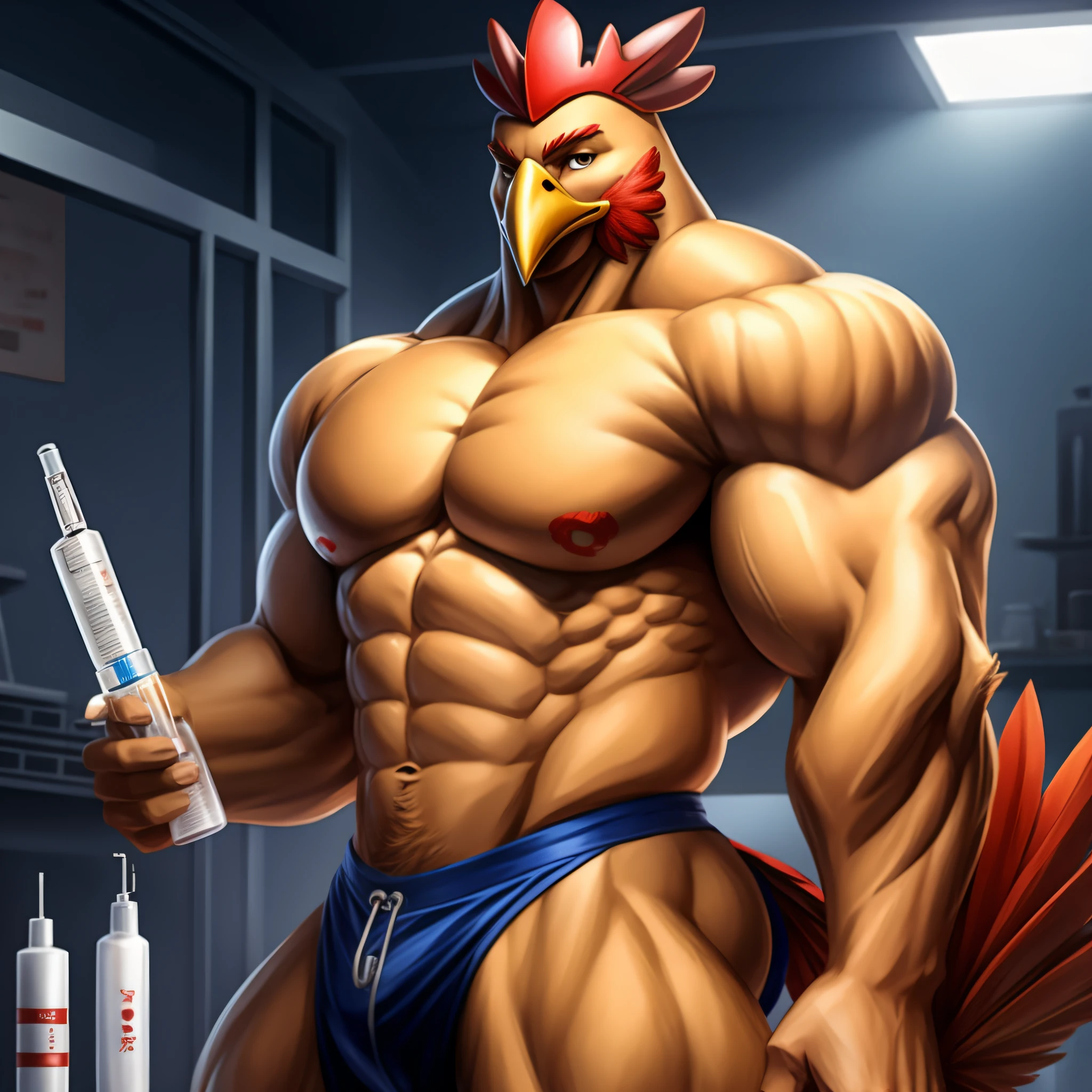 Muscular humanoid chicken holding a syringe