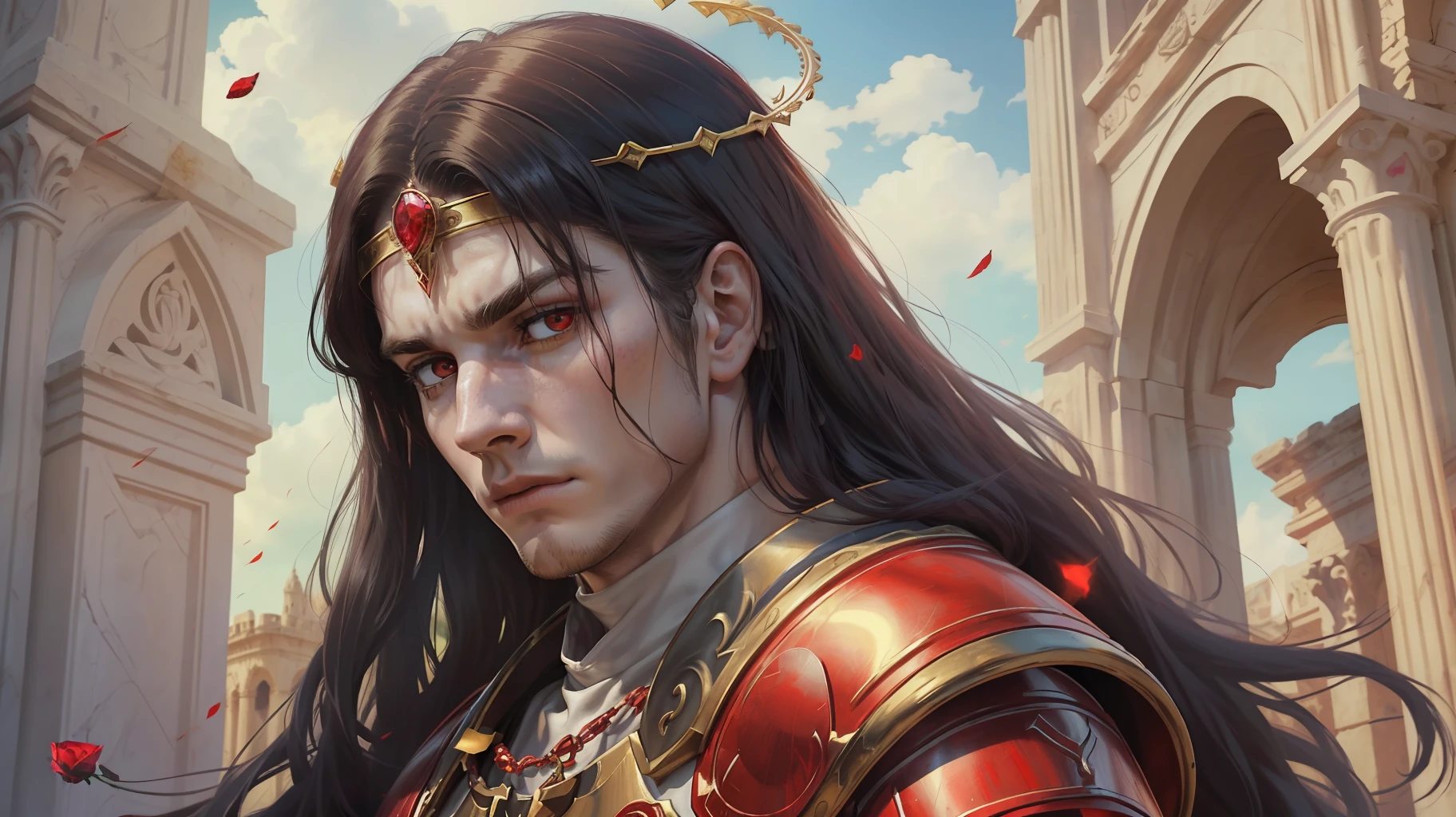 A young man, (((solo))), (25 years old, pale skin, tall, pale skin, round face, square jaw, serene look, completely red eyes, long black hair with bangs: 1.50, thick eyebrow, straight face), (he has a small red jewel in the middle of his forehead: 1.30) (he is a holy paladin, wears a costume of noble red and white long fabric,  with golden plate armor, halo), (he is bleeding, arriving victorious with a serious and imposing look, with a rosary in hand, in an ancient city, with white marble structures, with a rose garden in the background, blue sky, closeup, medieval fantasy), there are several beautiful women around him