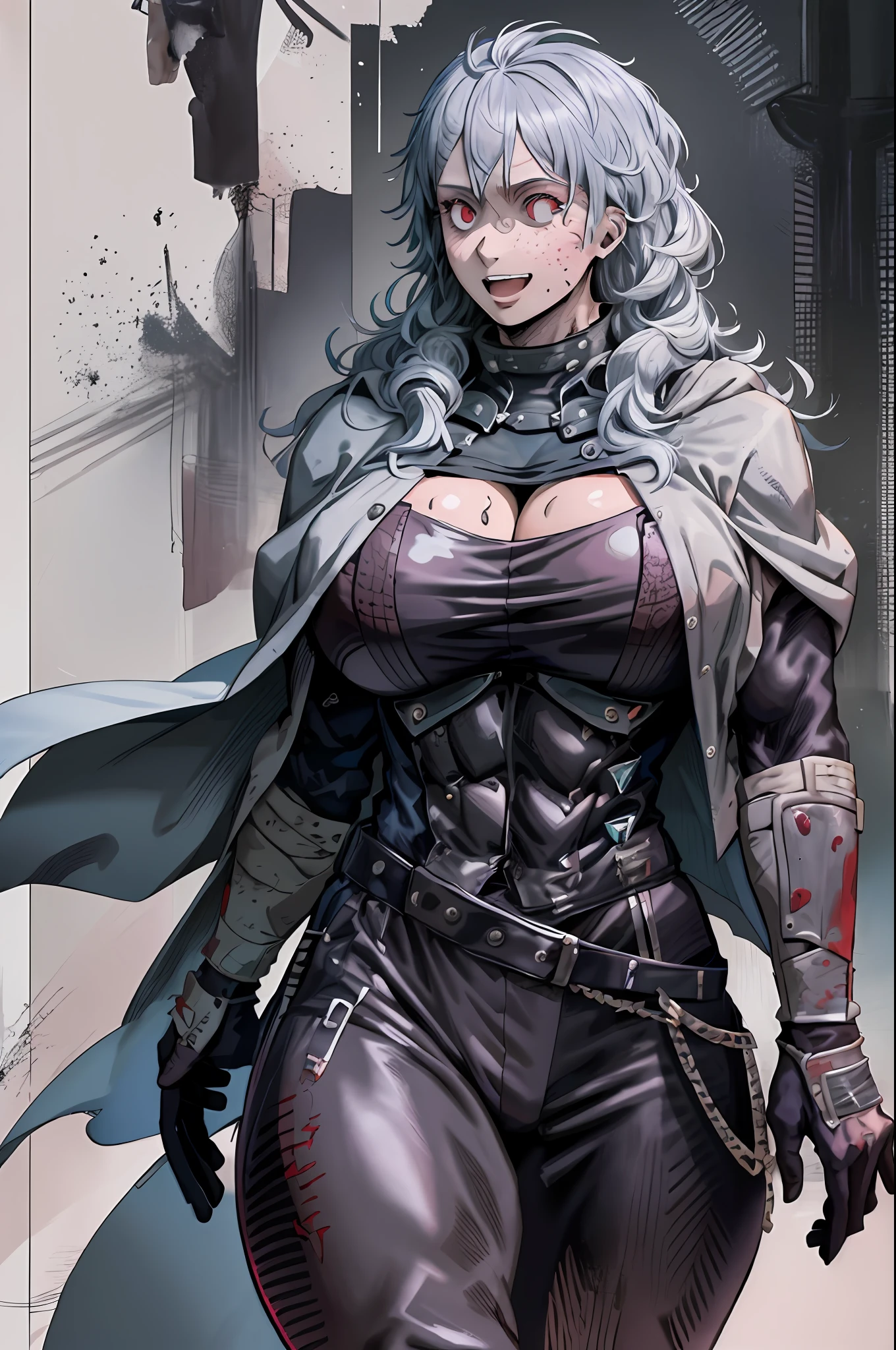 noi_dorohedoro, noi, muscular girl, huge chest, tall woman, priestess, martial art, modest, fully clothed, bent,, pants, cloak, priestess, holy, walking, smile, coat, medieval, unmasked, nun, cloak,