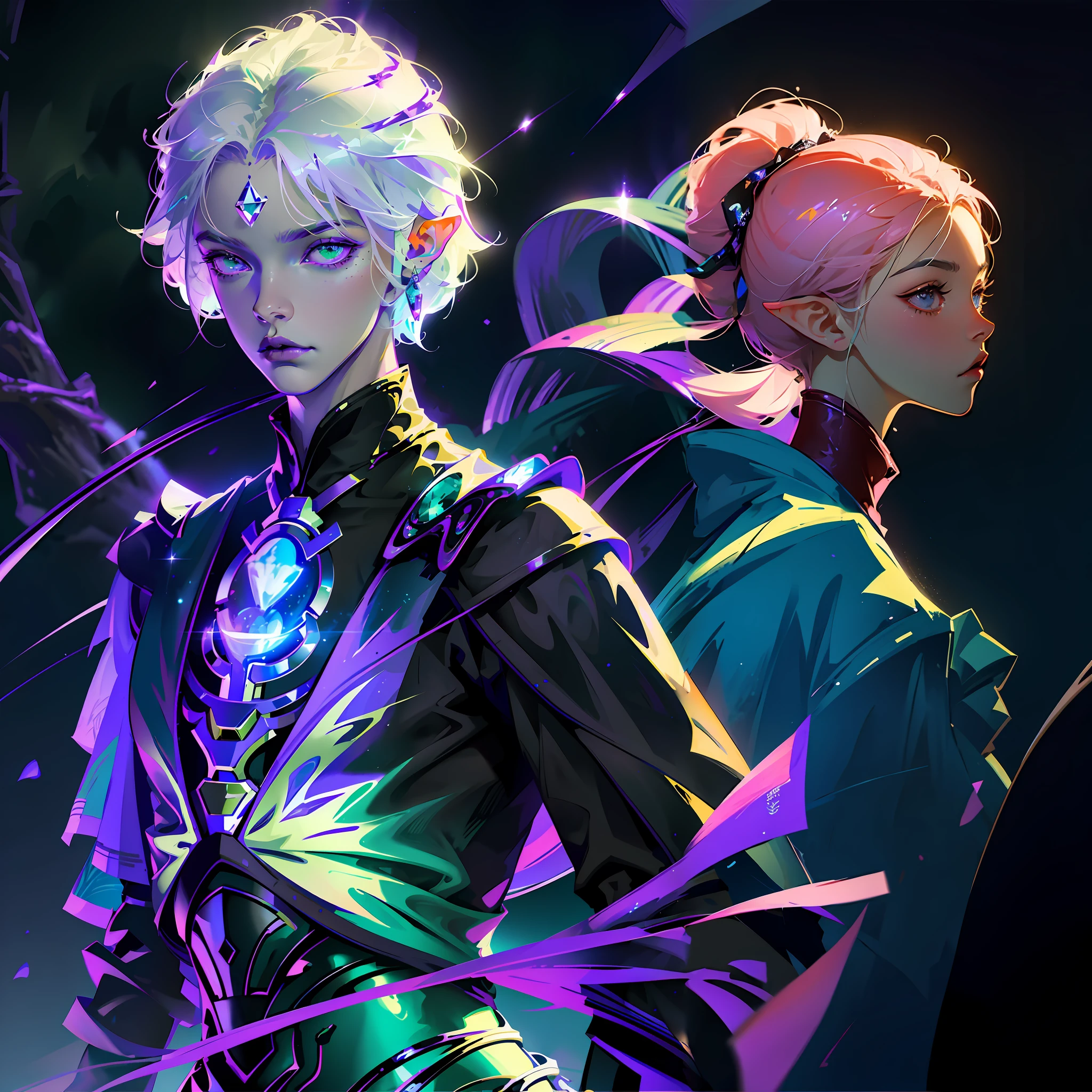 bright hair and bright attire, beautiful androgynous prince, vibrant Rossdrew cartoons, highly detailed exquisite fanart, delicate androgynous prince, detailed digital anime art, digital anime illustration, painted in arcane style, digital anime art, arcane art style, digital cyberpunk anime art, :: rossdraws, stunning digital illustration, advanced digital anime art, Elven Prince, Elven Boy