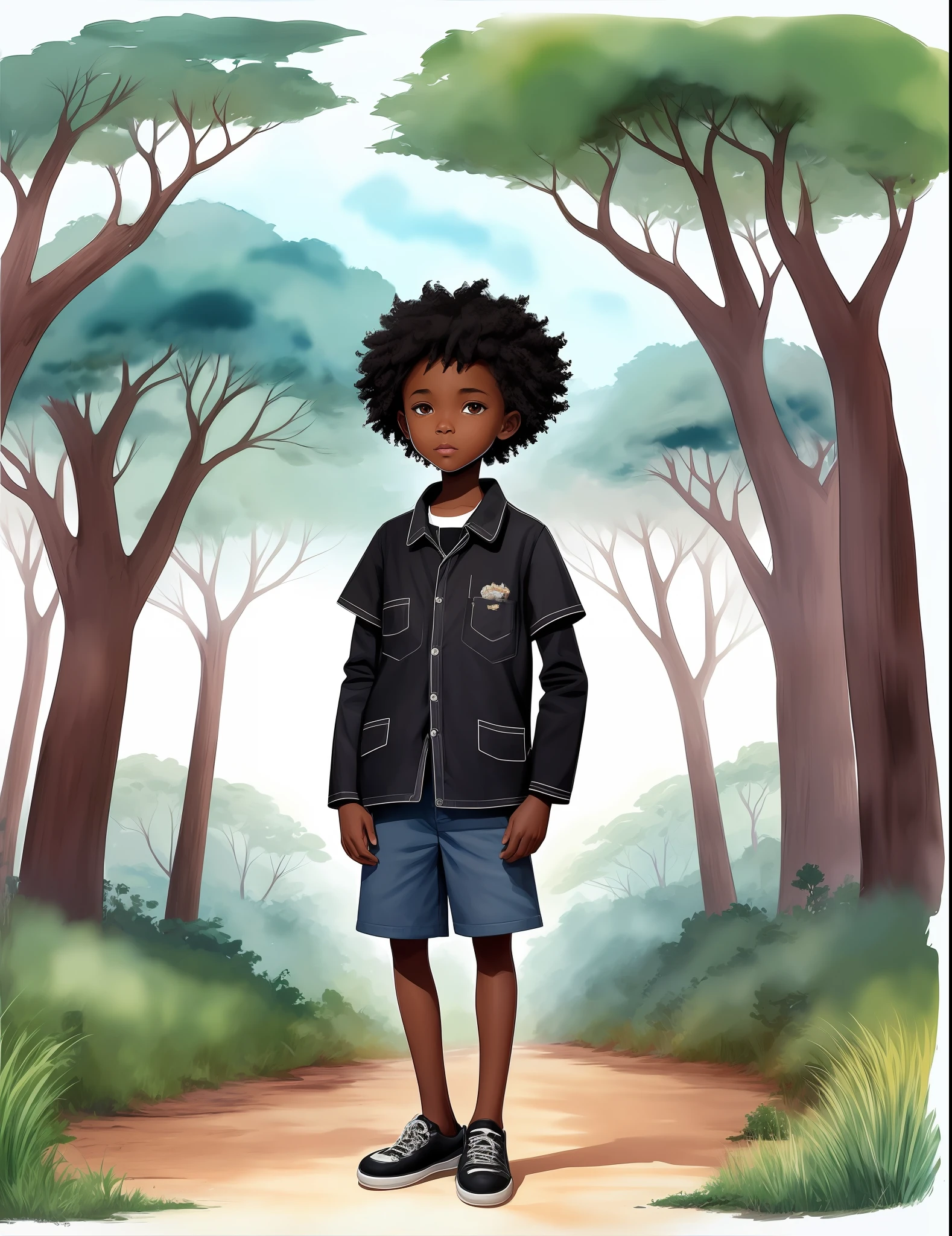 painting of a boy standing in the middle of a forest, concept art of single boy, official illustration, full body portrait, detailed full body portrait, stylized digital illustration, a portrait of the character, full body portrait of a short!, inspired by Kadir Nelson, illustration”, illustrative art, full body character portrait, full body illustration, character full body portrait