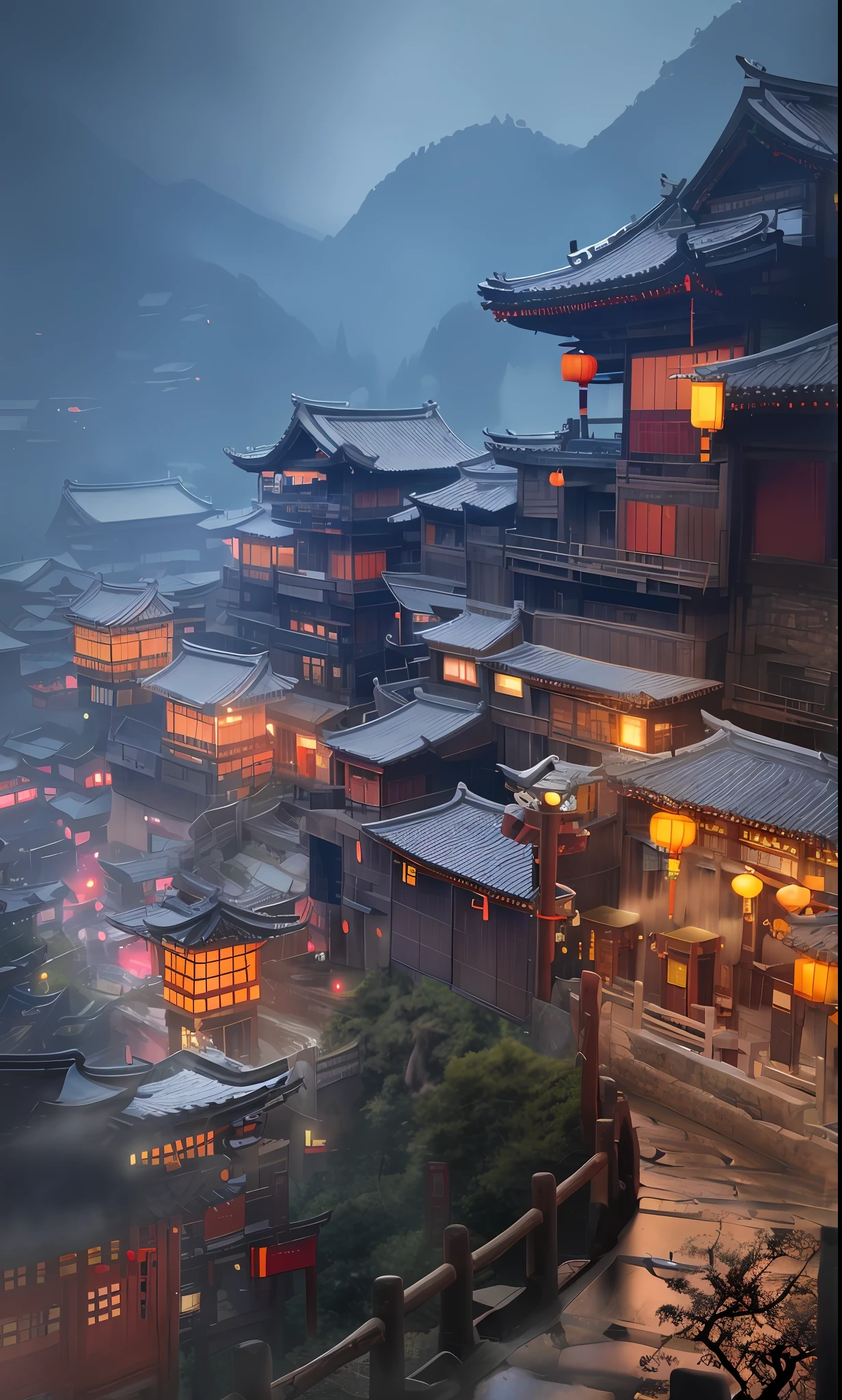 arafed view of a village with a lot of lights on the buildings, dreamy chinese town, chinese village, amazing wallpaper, japanese town, japanese village, hyper realistic photo of a town, old asian village, japanese city, by Raymond Han, rainy evening, cyberpunk chinese ancient castle, beautifully lit buildings, at evening during rain, beautiful and aesthetic, photography, cinematic, 8k, high detailed ((Heavy rain)))