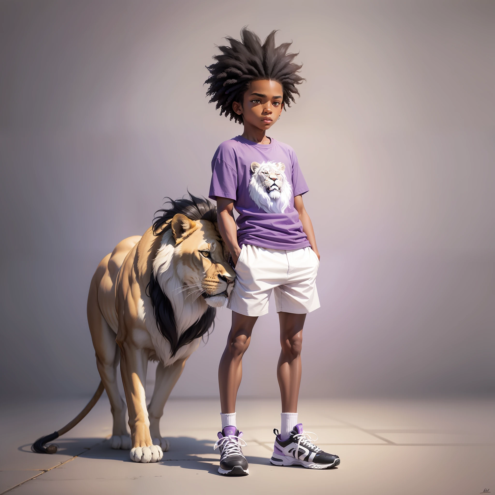 Black boy, black power hair, drawing, masterpiece, ultra realistic, 12 years old, full body, lilac shirt, lilac sneakers, side view, with a lion on the side