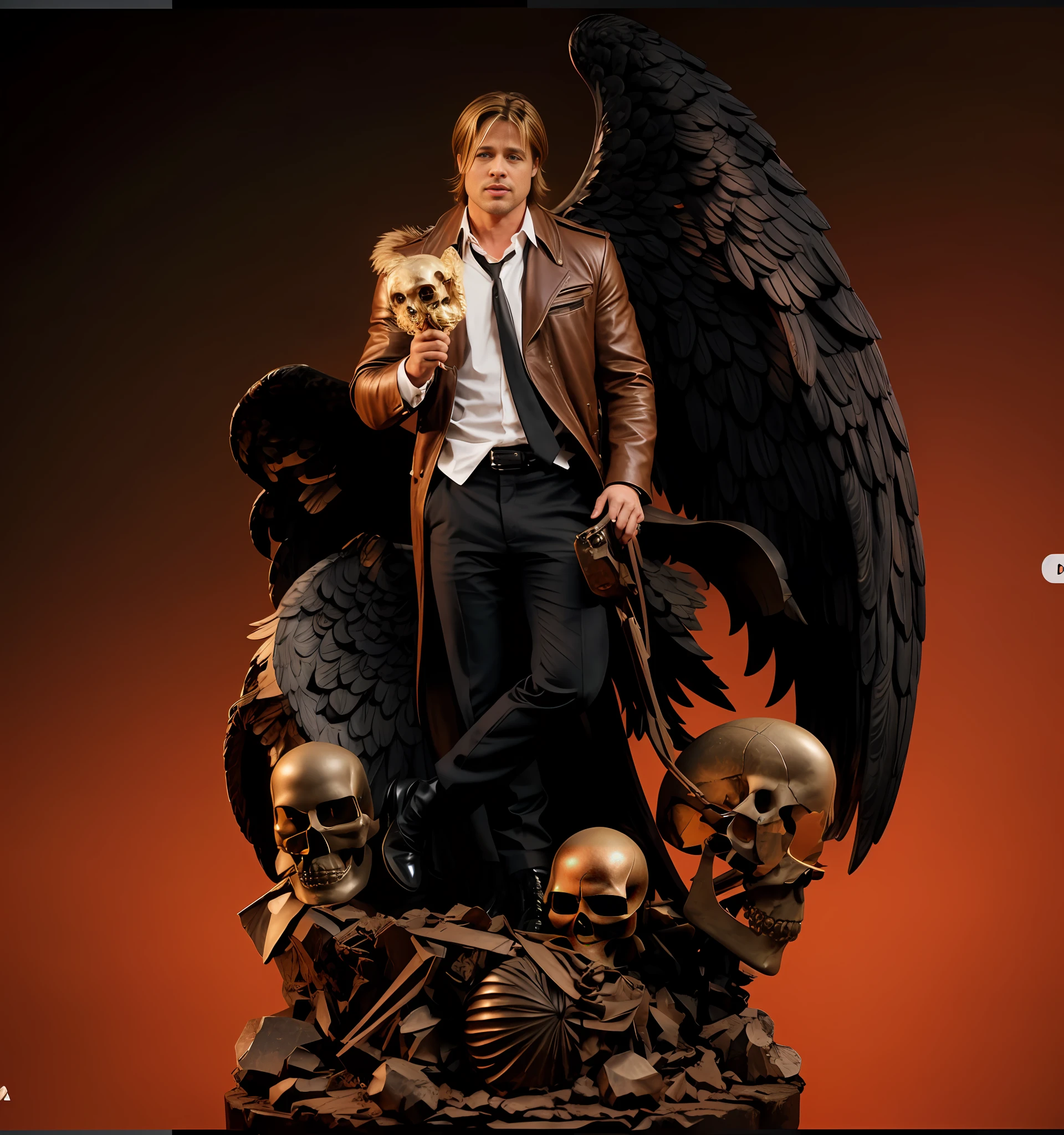 Brad Pitt, short hair, constatine, holding skull, angel wings.