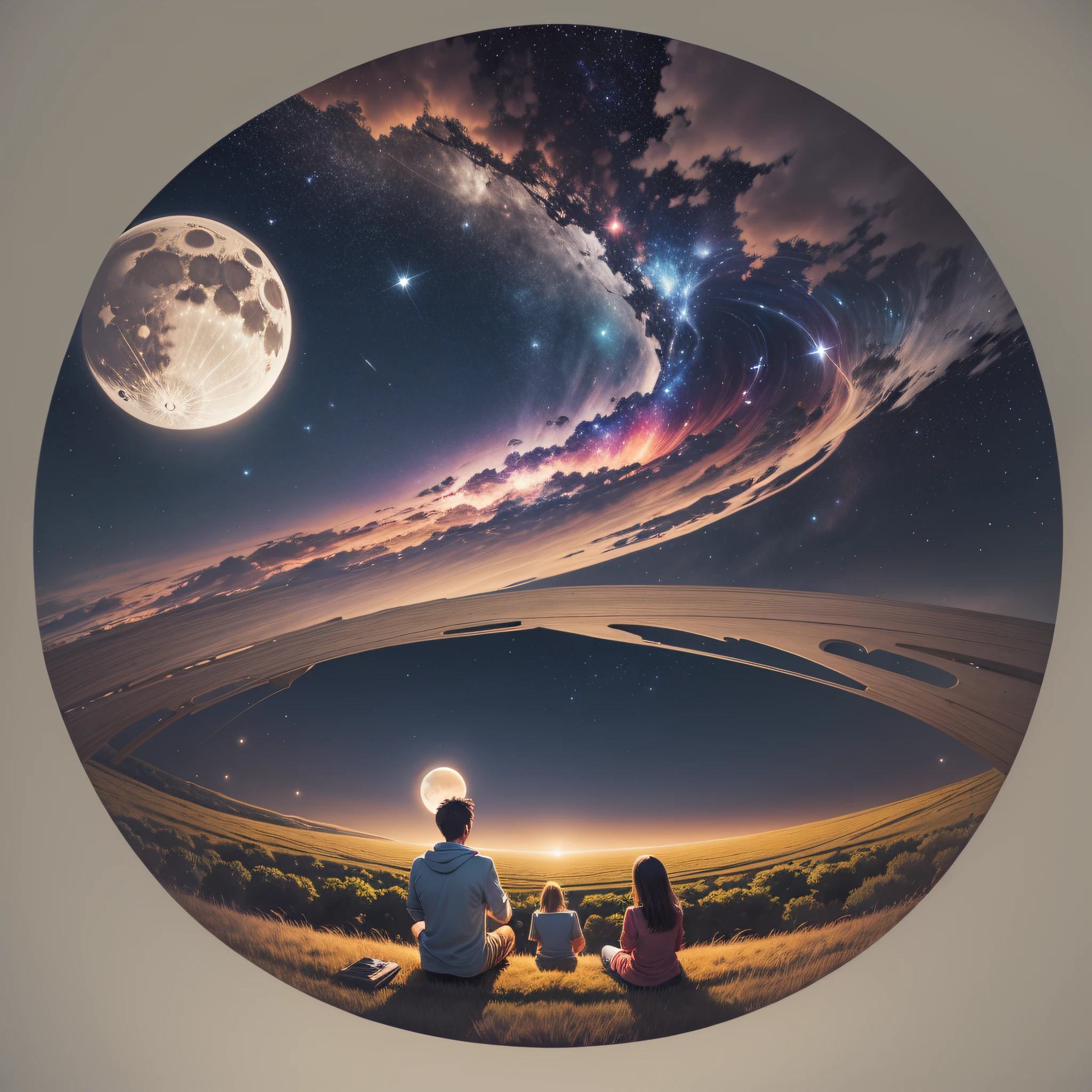 Setting: A quiet, outdoor setting at night, with a group of astronomy-enthusiastic friends sitting in an open field. The sky is filled with bright stars and the Moon gently illuminates the landscape. --auto --s2
