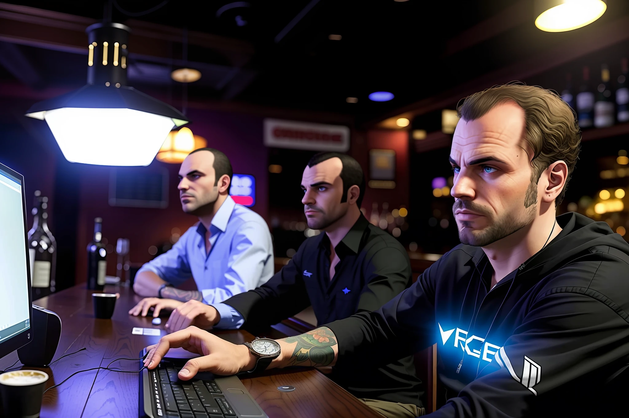 there is a man sitting at a table with a computer, sitting alone in a bar, Adam Varga, avatar 1024px sitting in a bar, photo sitting in a bar, taverns nightlife, creative programmer with computer, video game, background bar, Rich Evans, Matt Cavotta, on a dark background,GTA5 --auto --s2