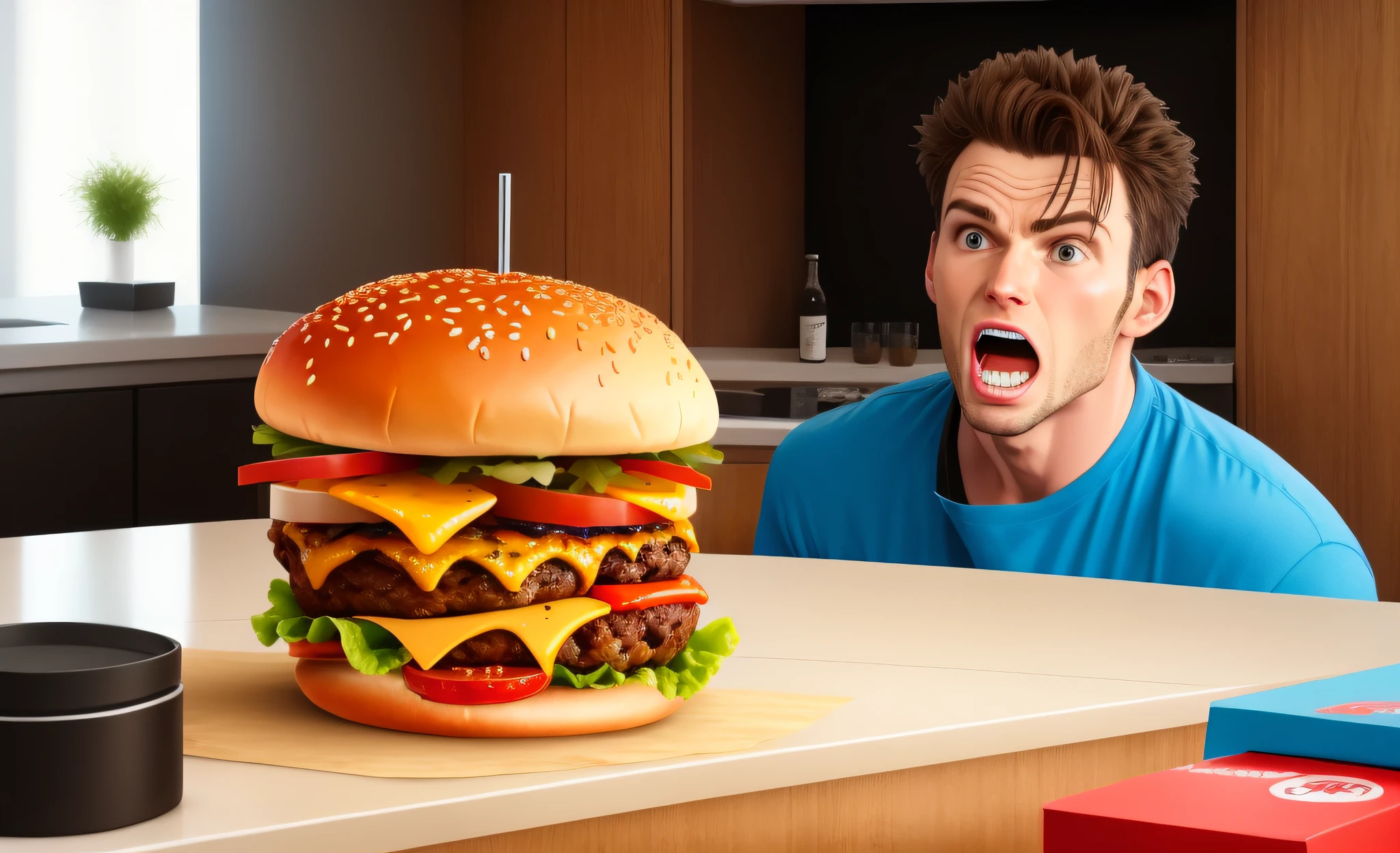 giant burger on top of a kitchen countertop, super realistic food image, just a stunned open-mouthed man, hyper-real rendering, a hyper-realistic illustration.
